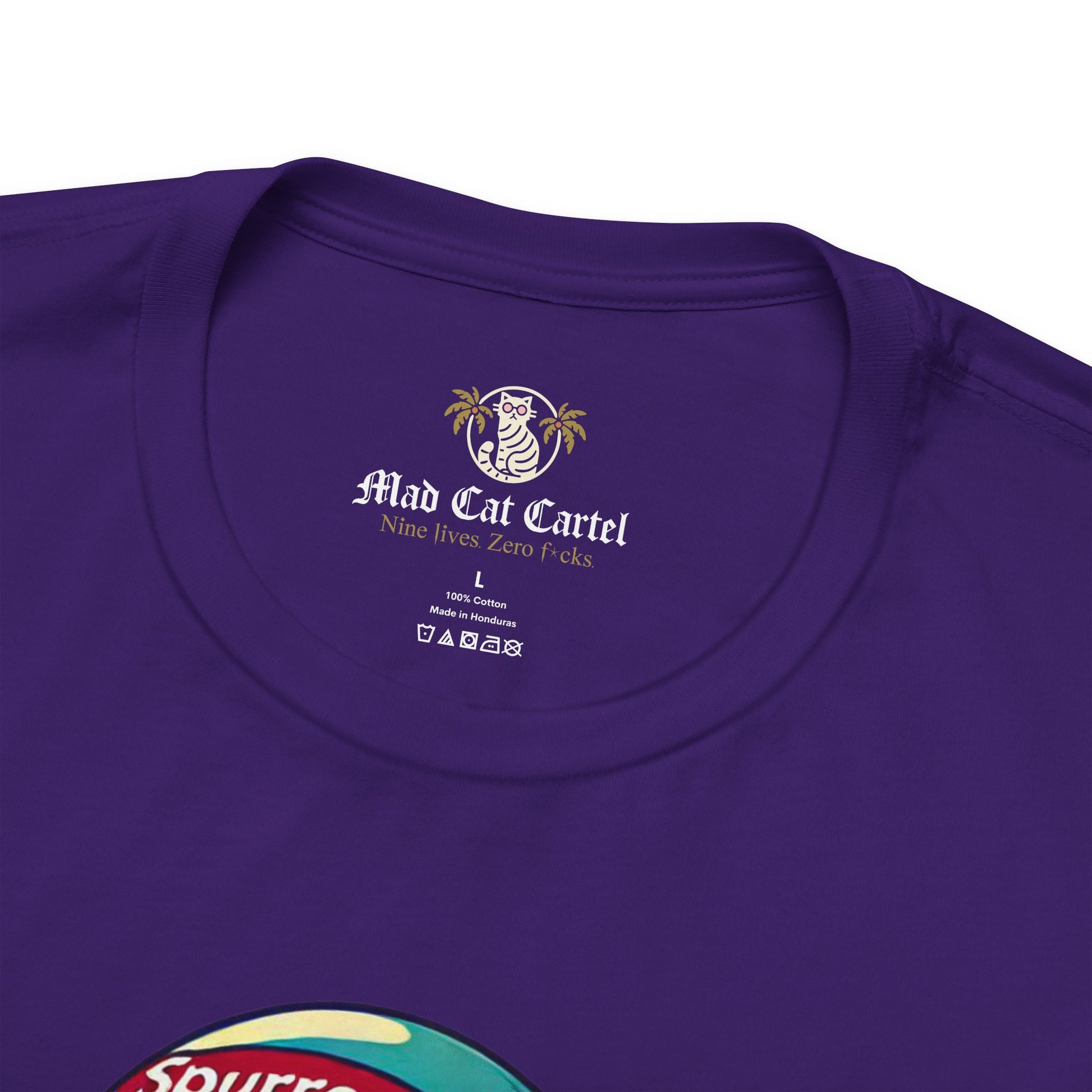 Team purple t shirt close-up collar, cool cat shirt