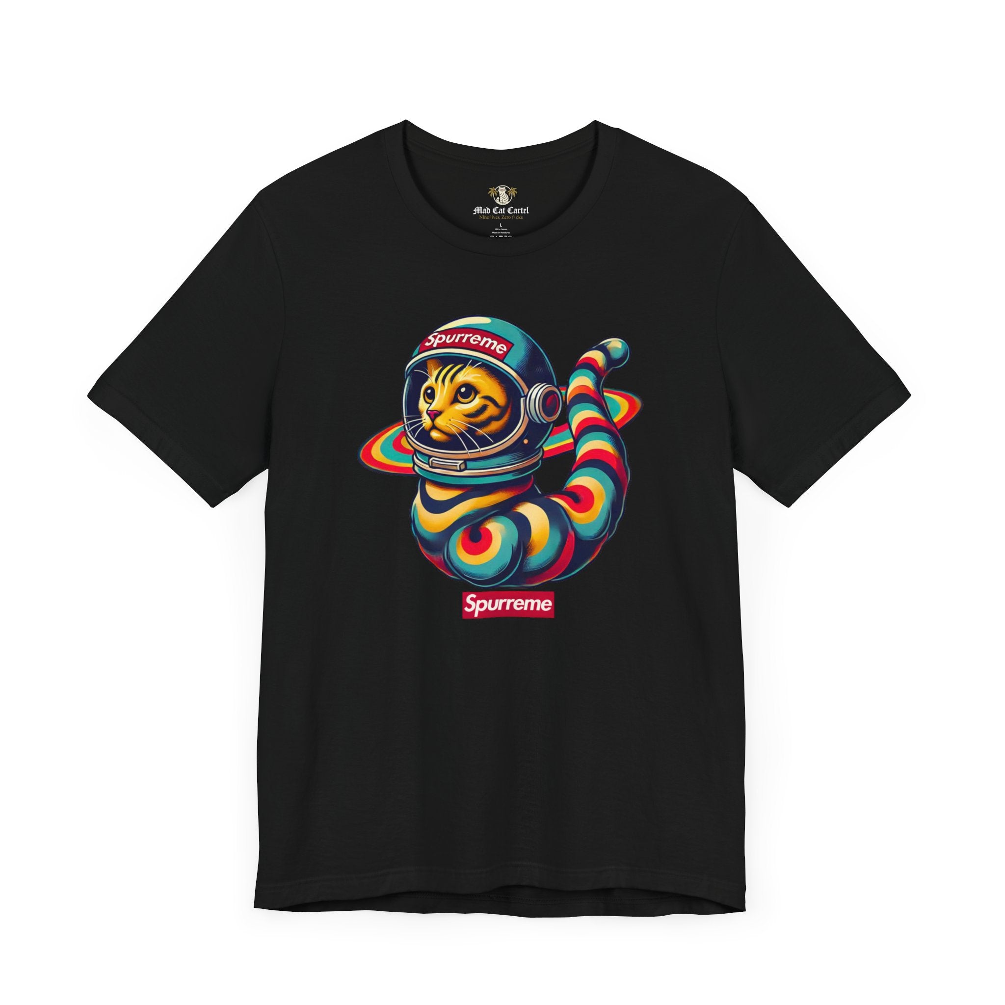 Black t shirt flat lay Spurreme Space Explorer Cat Graphic T-Shirt space cat shirt
