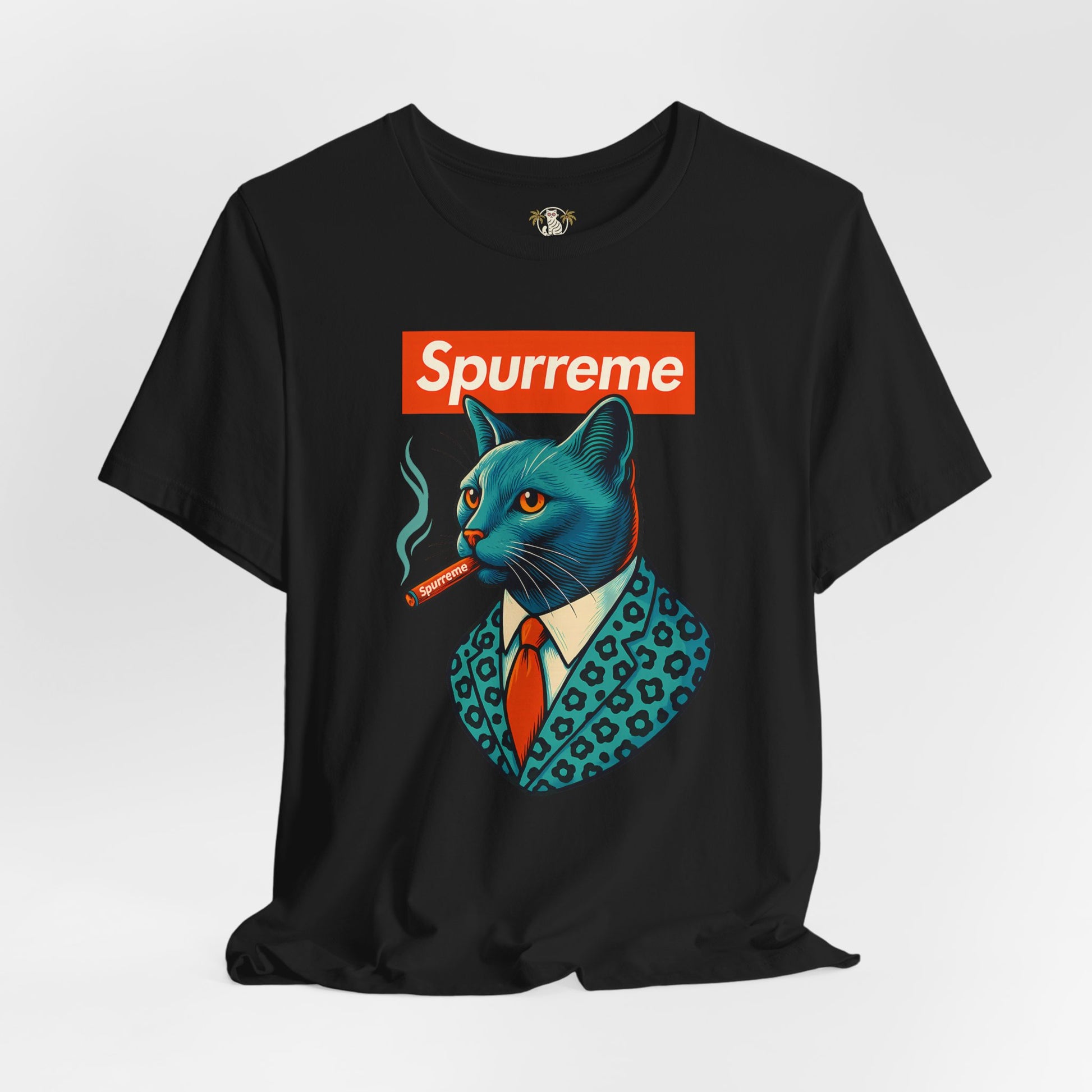 Black Spurreme Ambassador Cat Graphic t shirt flat front