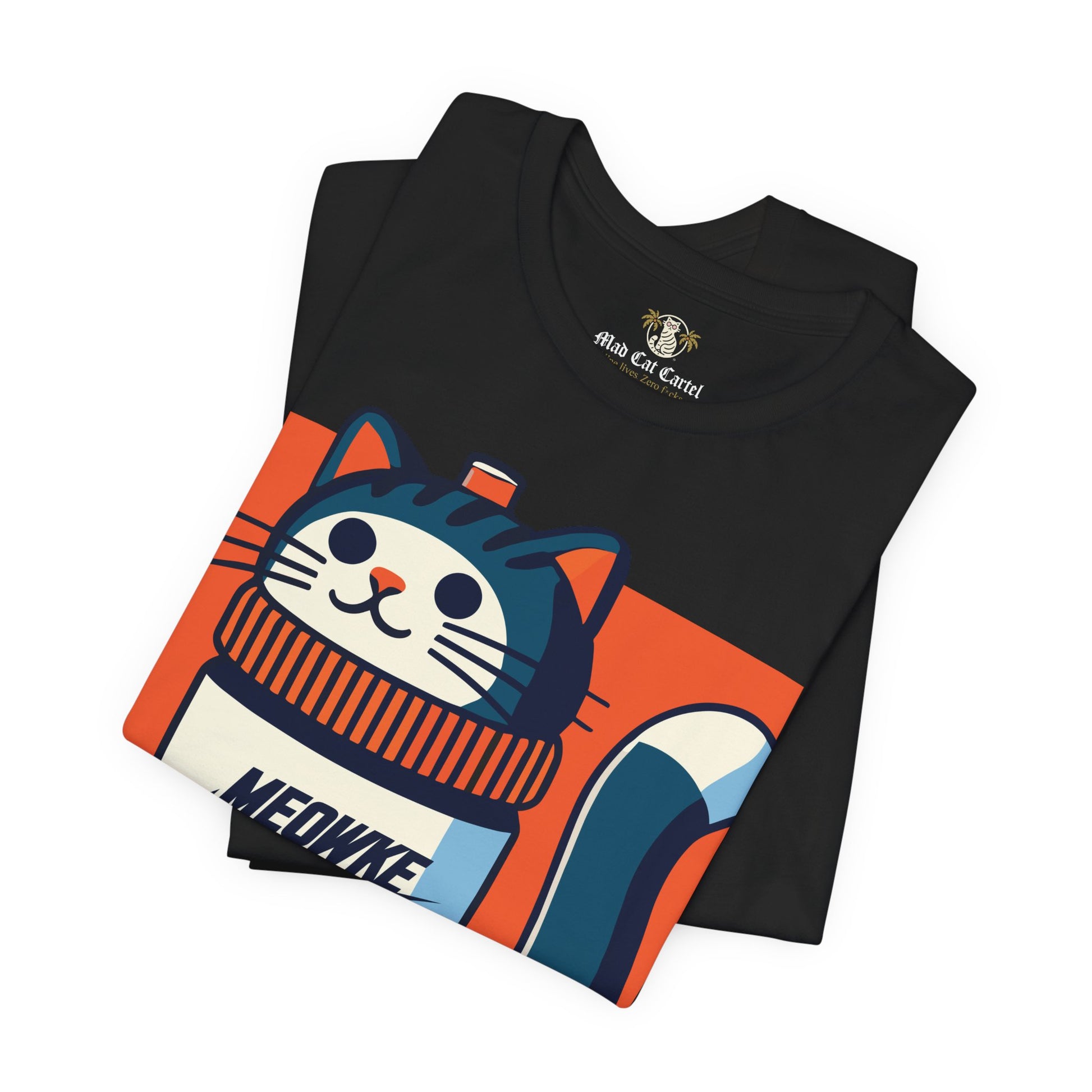 Funny cat shirts for men – black unisex tee, folded front view, Meowke Swoosh bottle cat graphic
