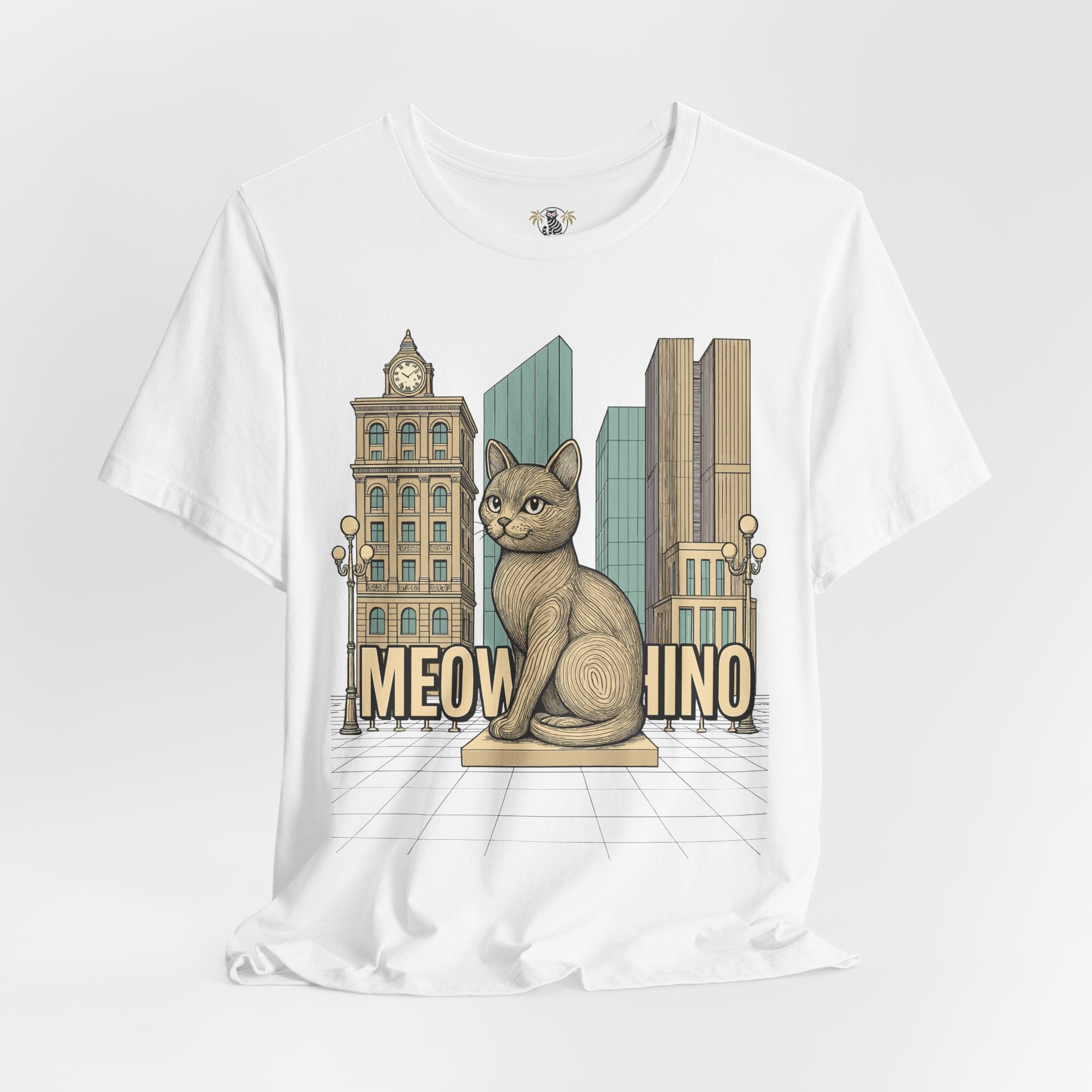 Cat themed shirts – white unisex tee, front view, Meowschino city cat statue print