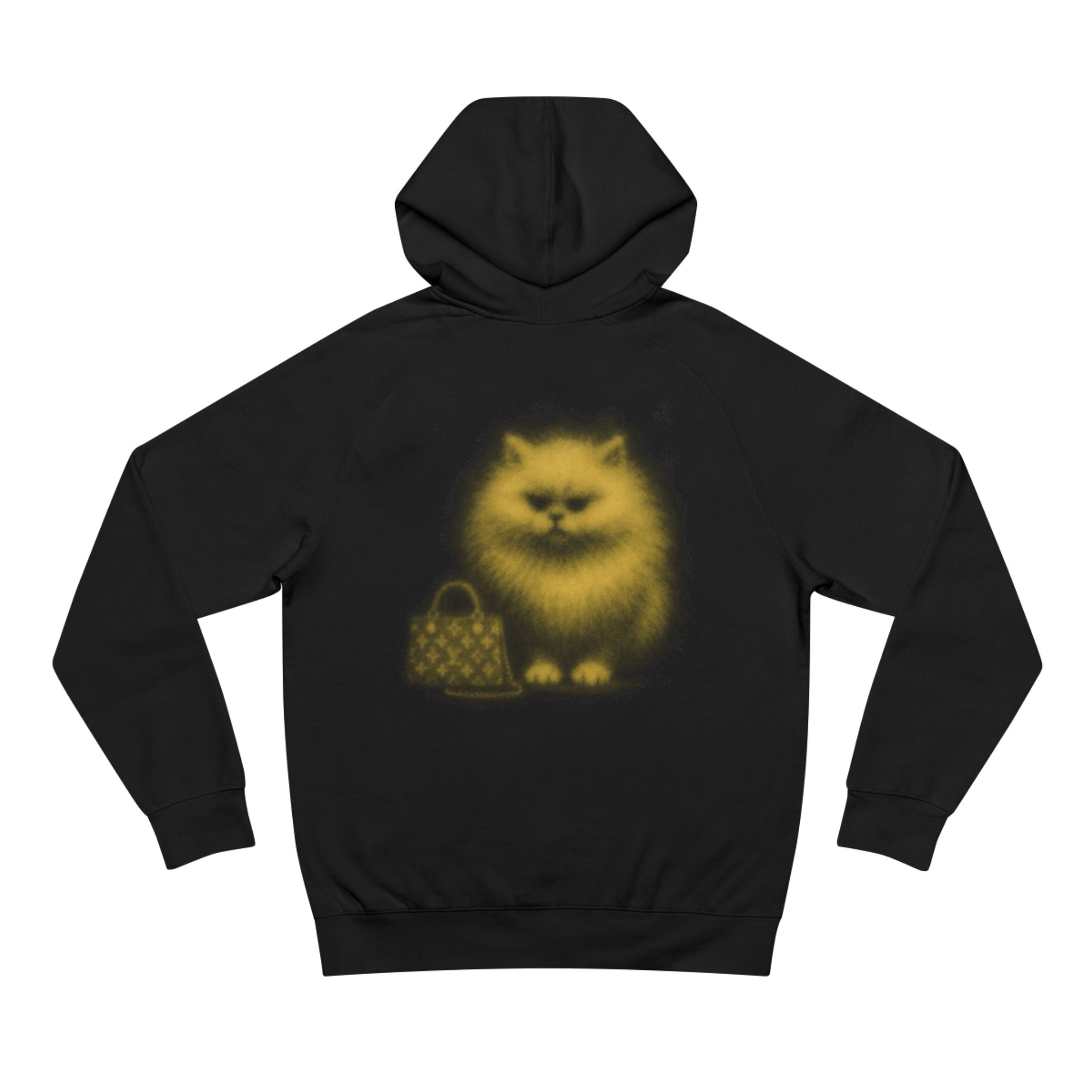 Back view of Louis Mewtton black hoodie with yellow aura cat design, black hoodie for cat lovers