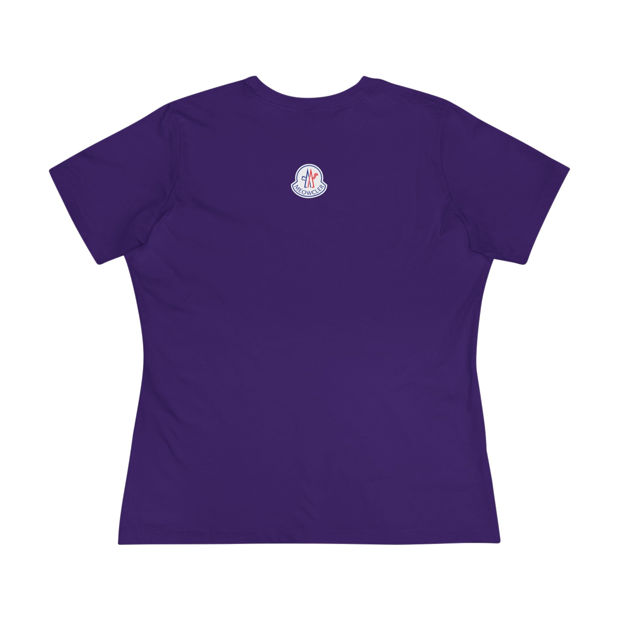 Back view team purple women’s cat graphic t shirt with small logo