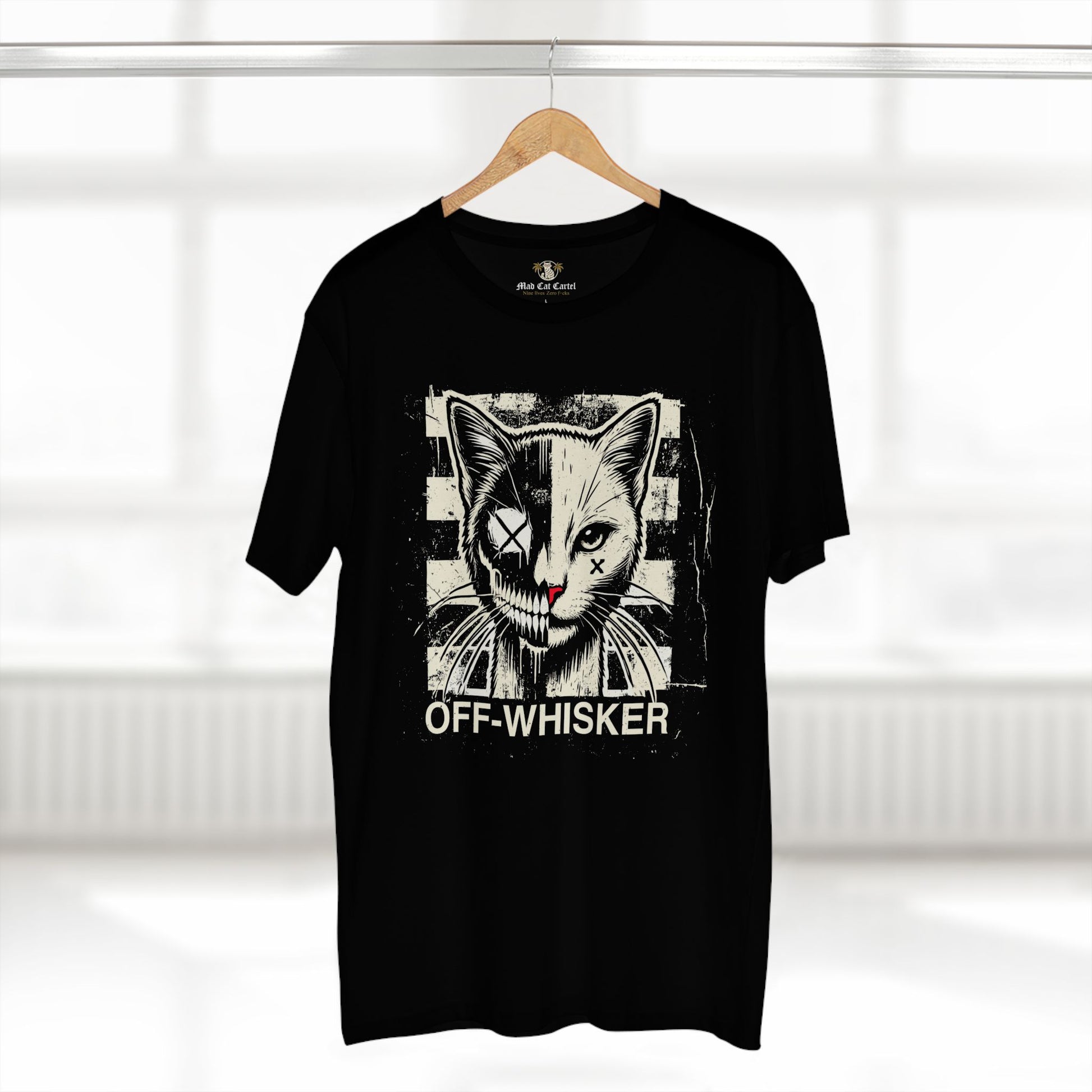 Black Off-Whisker Split Face cat lover t shirt on hanger β bold graphic cat face t shirt