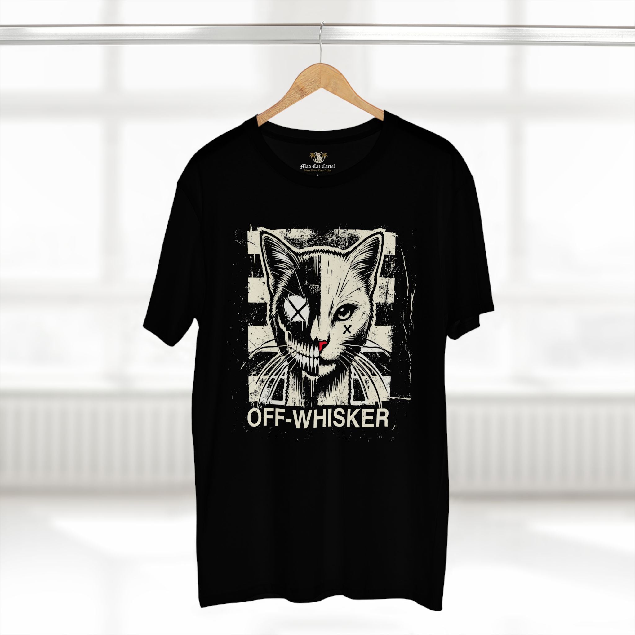 Black Off-Whisker Split Face cat lover t shirt on hanger β bold graphic cat face t shirt