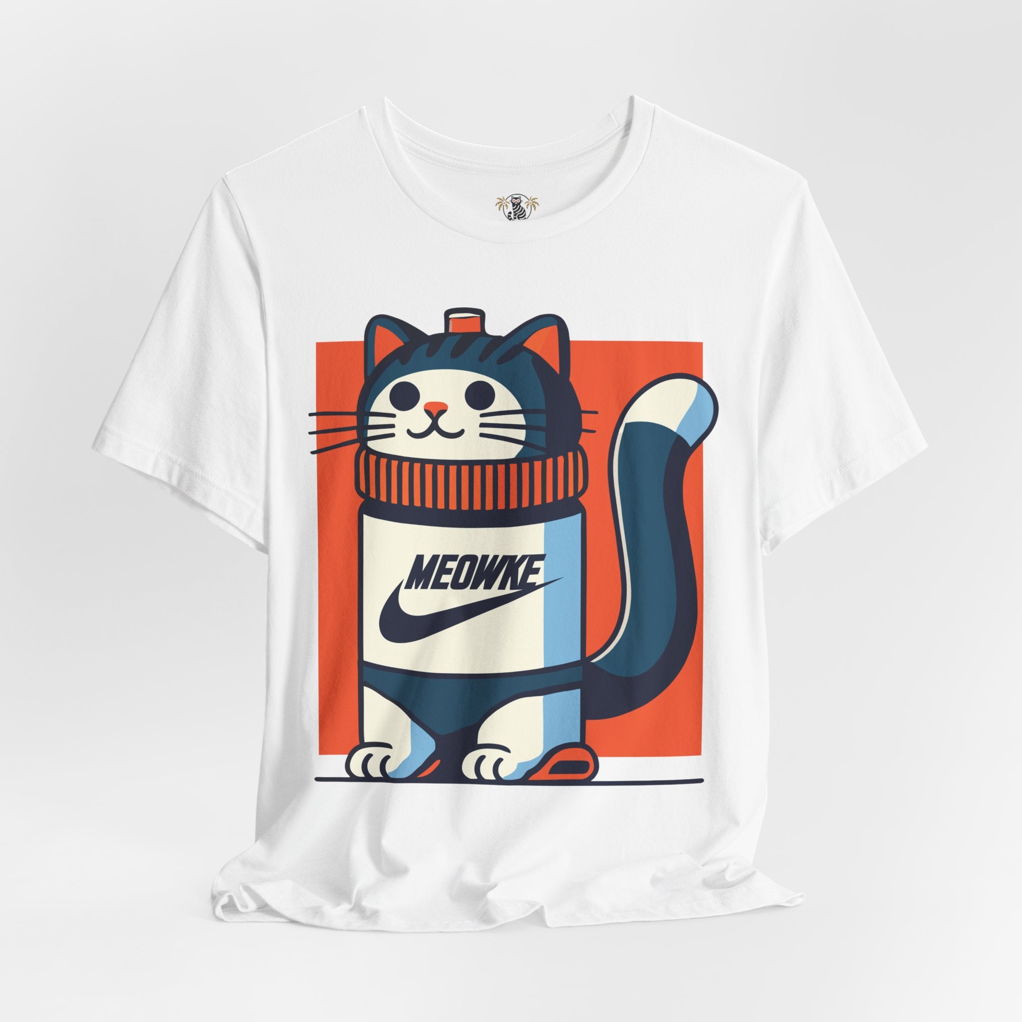 Funny cat shirt for men and women – white unisex tee, front view, Meowke Swoosh cartoon cat holding bottle