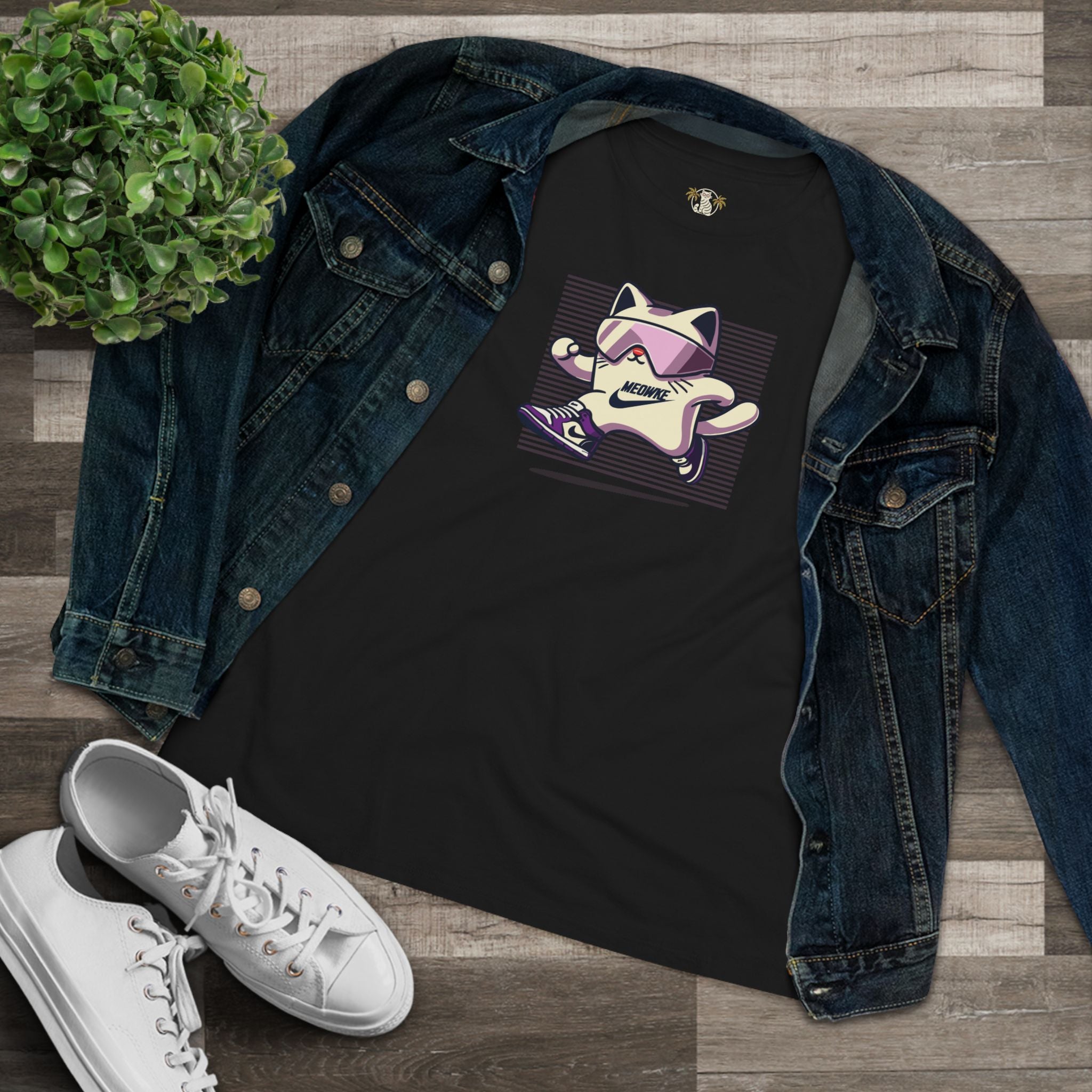 Black cat runner t shirt flat lay with denim jacket, funny cat gifts for cat lovers