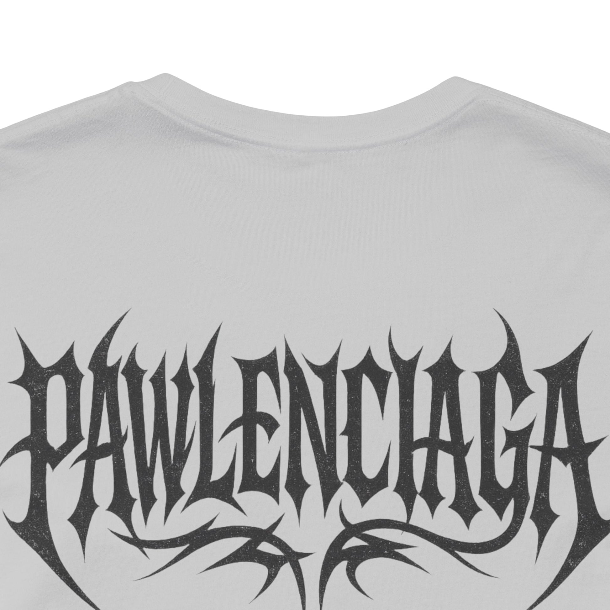 Pawlenciaga Apocalypse Cat Graphic T Shirt in Solid Athletic Grey, close up of back logo, cat themed shirts, cool mens t shirts, shirts for cat lovers