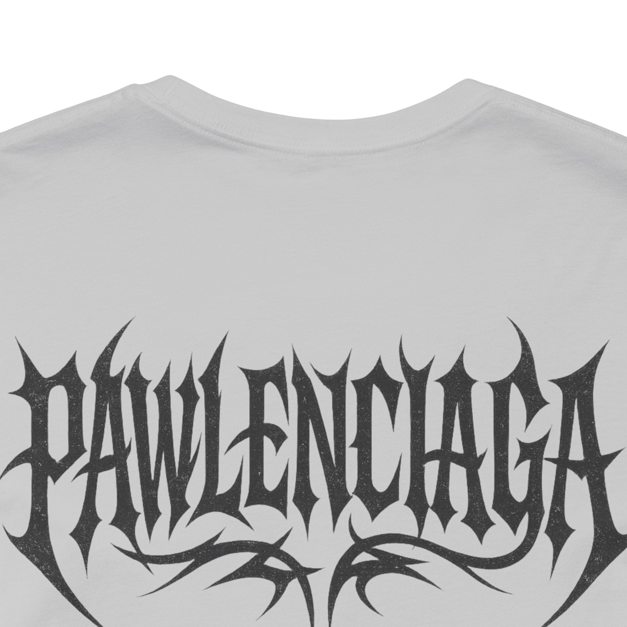 Pawlenciaga Apocalypse Cat Graphic T Shirt in Solid Athletic Grey, close up of back logo, cat themed shirts, cool mens t shirts, shirts for cat lovers