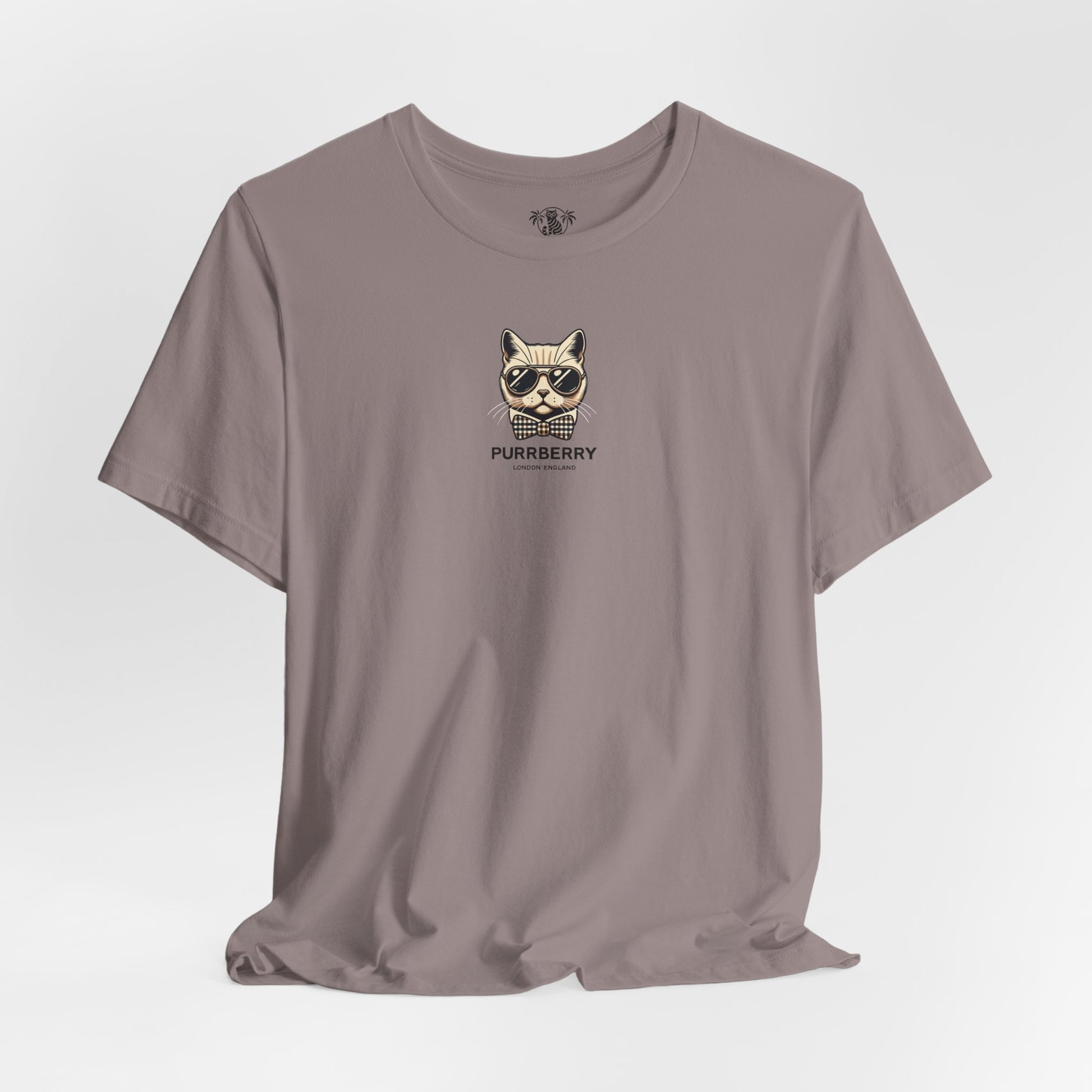 purrberry london mini crest cat graphic t shirt pebble brown flat lay cat themed apparel