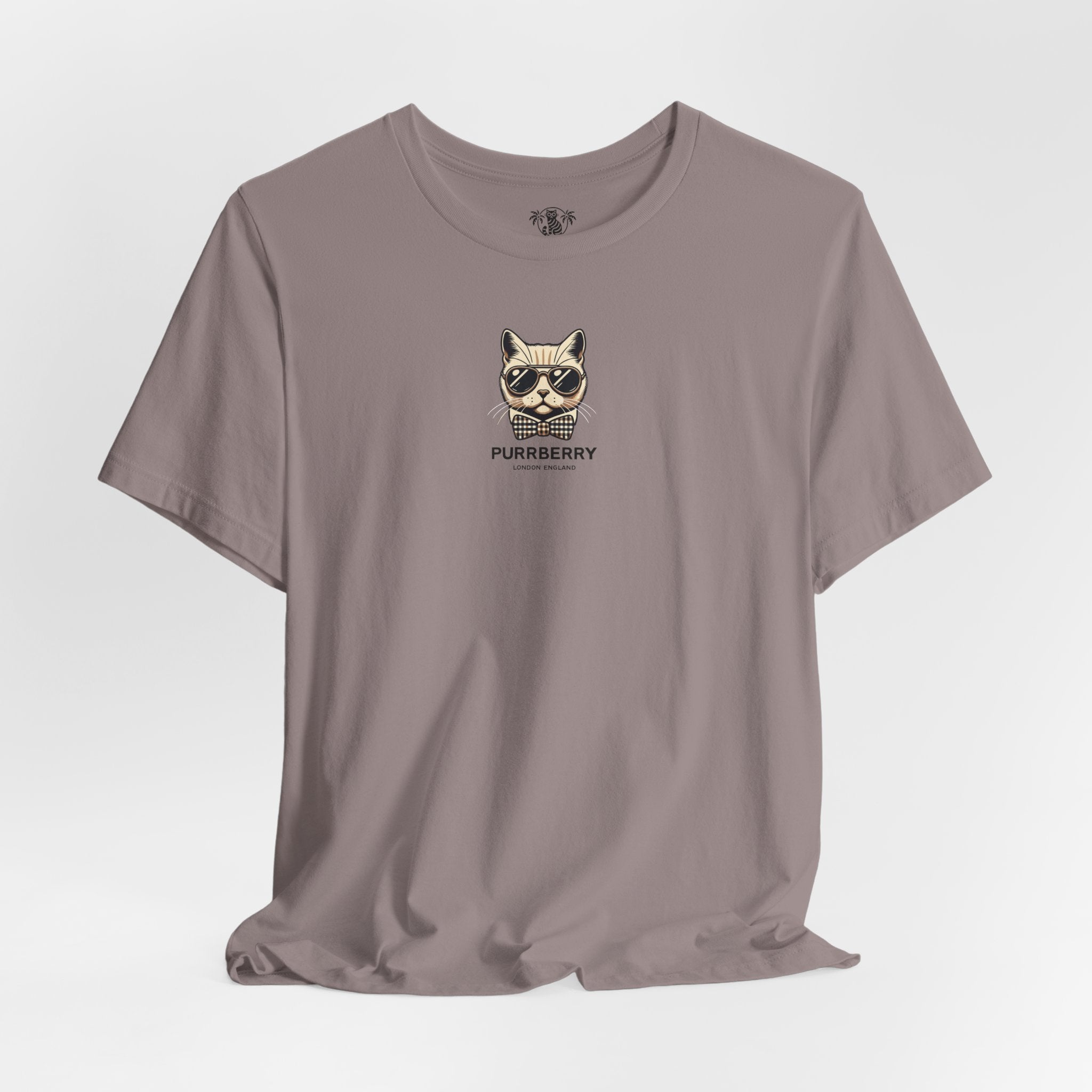 purrberry london mini crest cat graphic t shirt pebble brown flat lay cat themed apparel