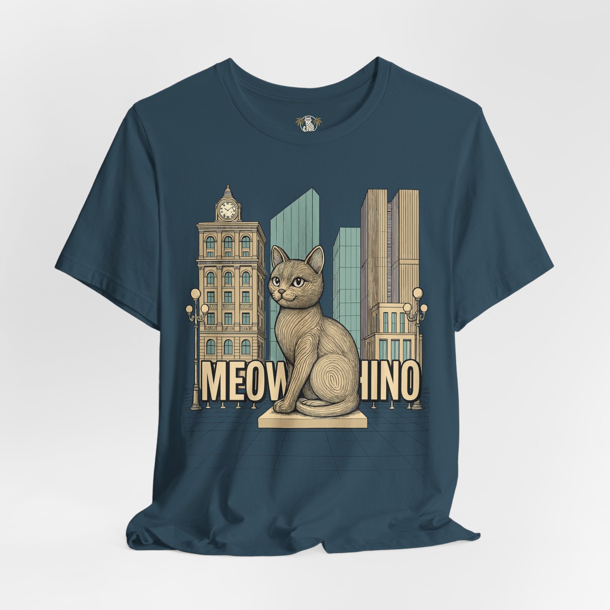 Cat themed shirts – deep teal unisex tee, front view, Meowschino city cat statue print