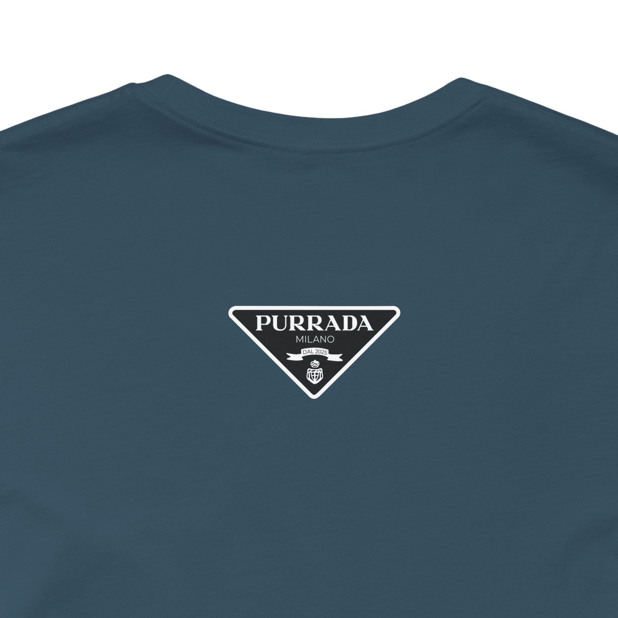 Back view of team purple Purrada Exclusive Milano Cat Graphic T Shirt, graphic tees cats unisex