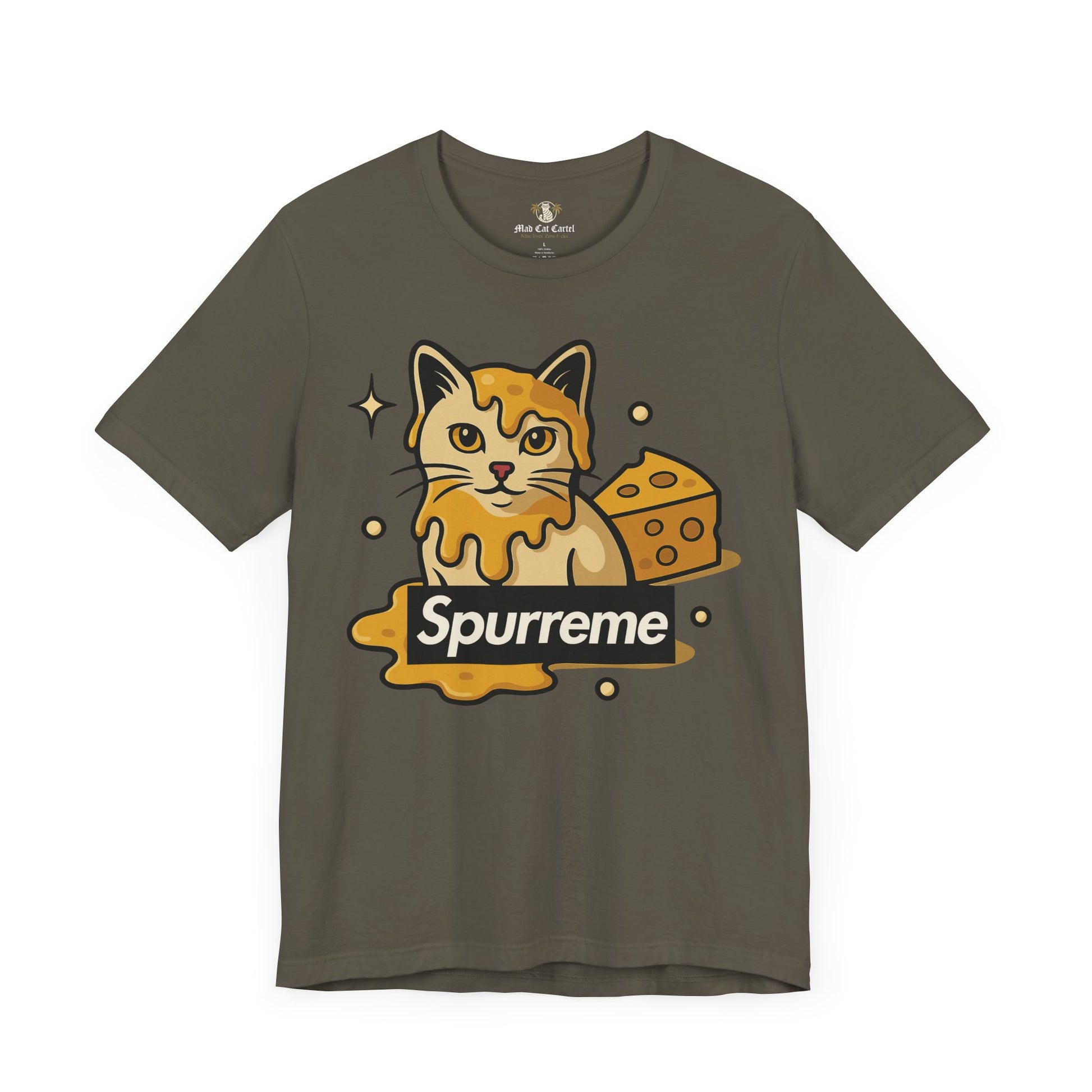 Army green t shirt back logo Spurreme Cheddar Cat Drip Graphic