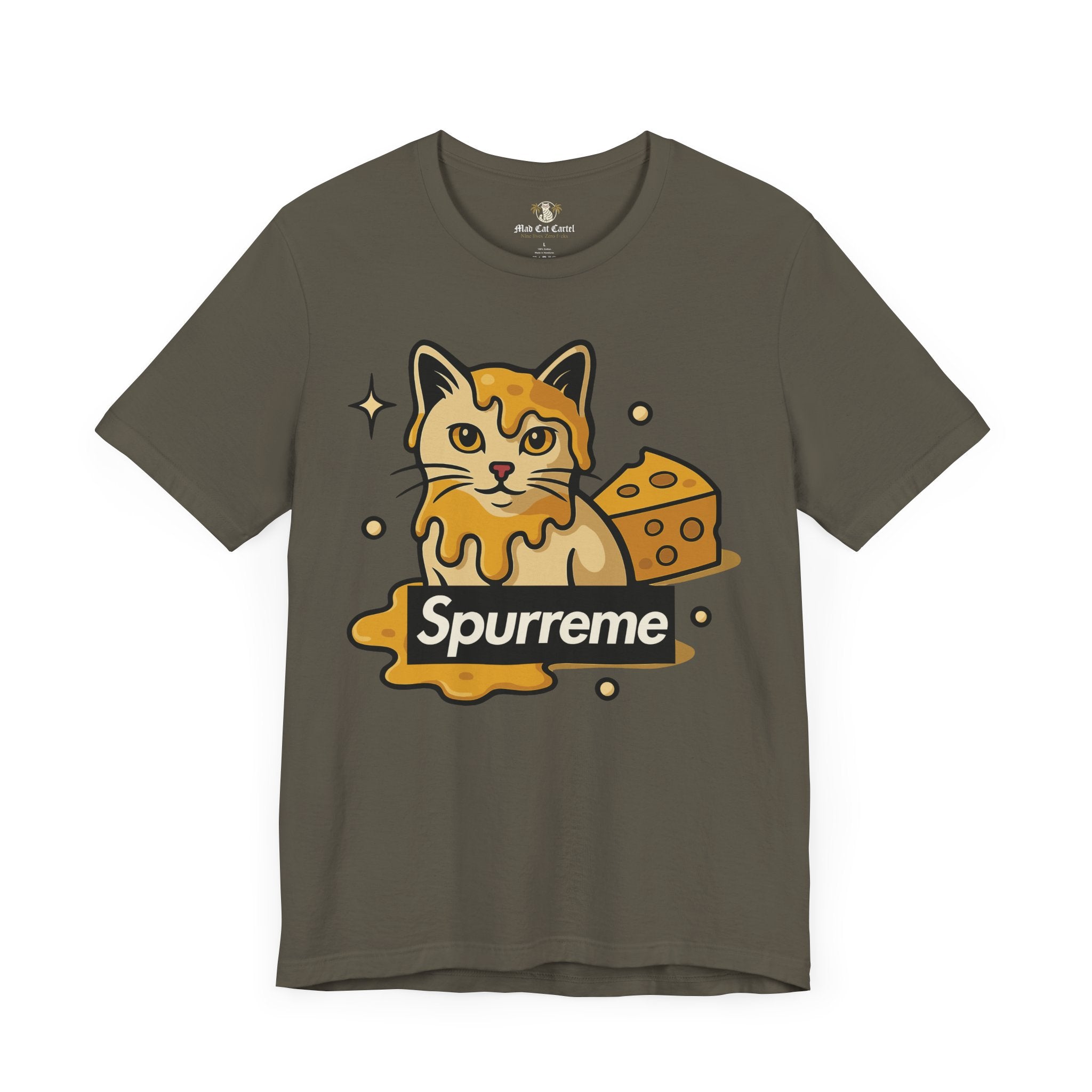 Army green t shirt back logo Spurreme Cheddar Cat Drip Graphic