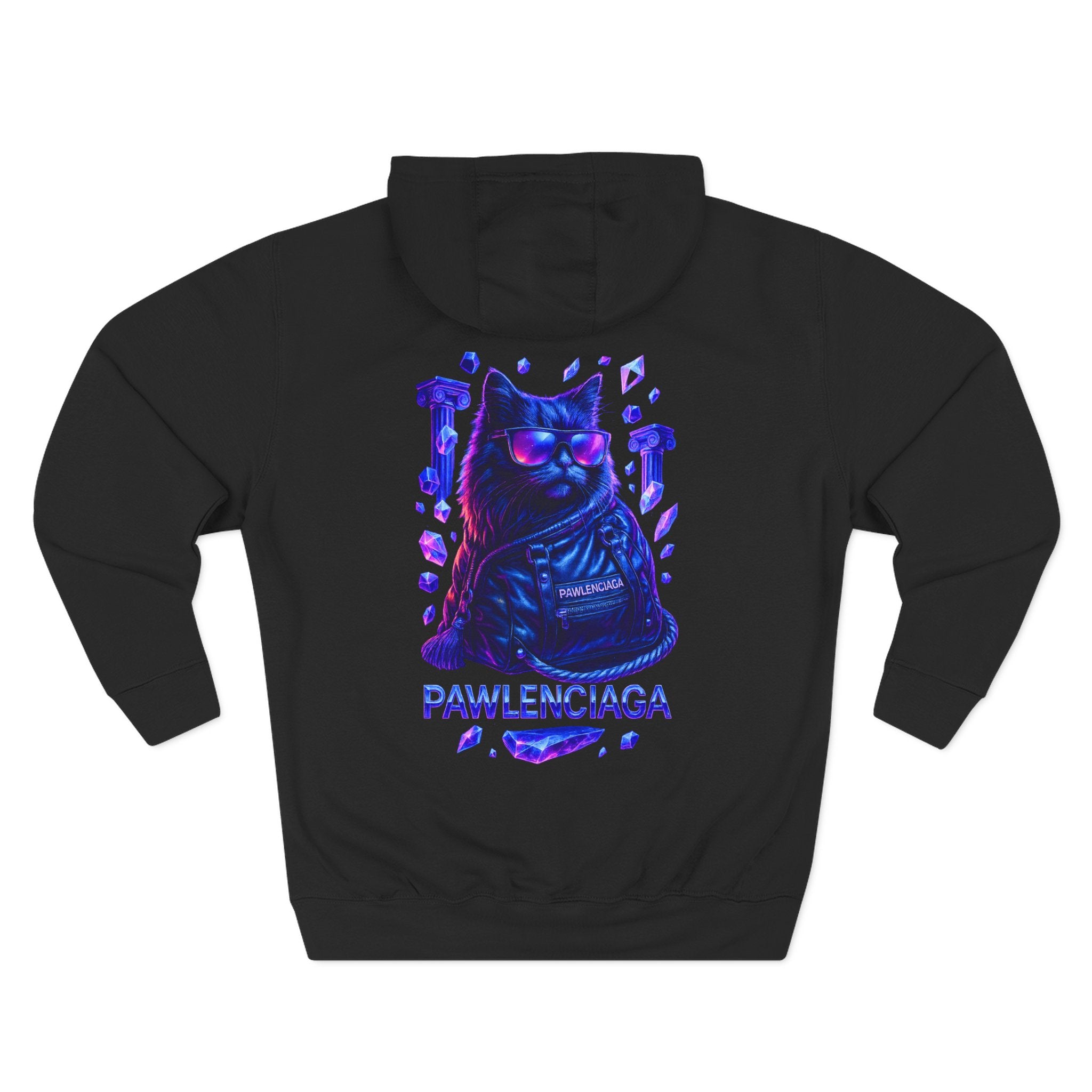 Back view of Pawlenciaga Crystal Empire Cat Graphic Black Hoodie, black cat graphic hoodie
