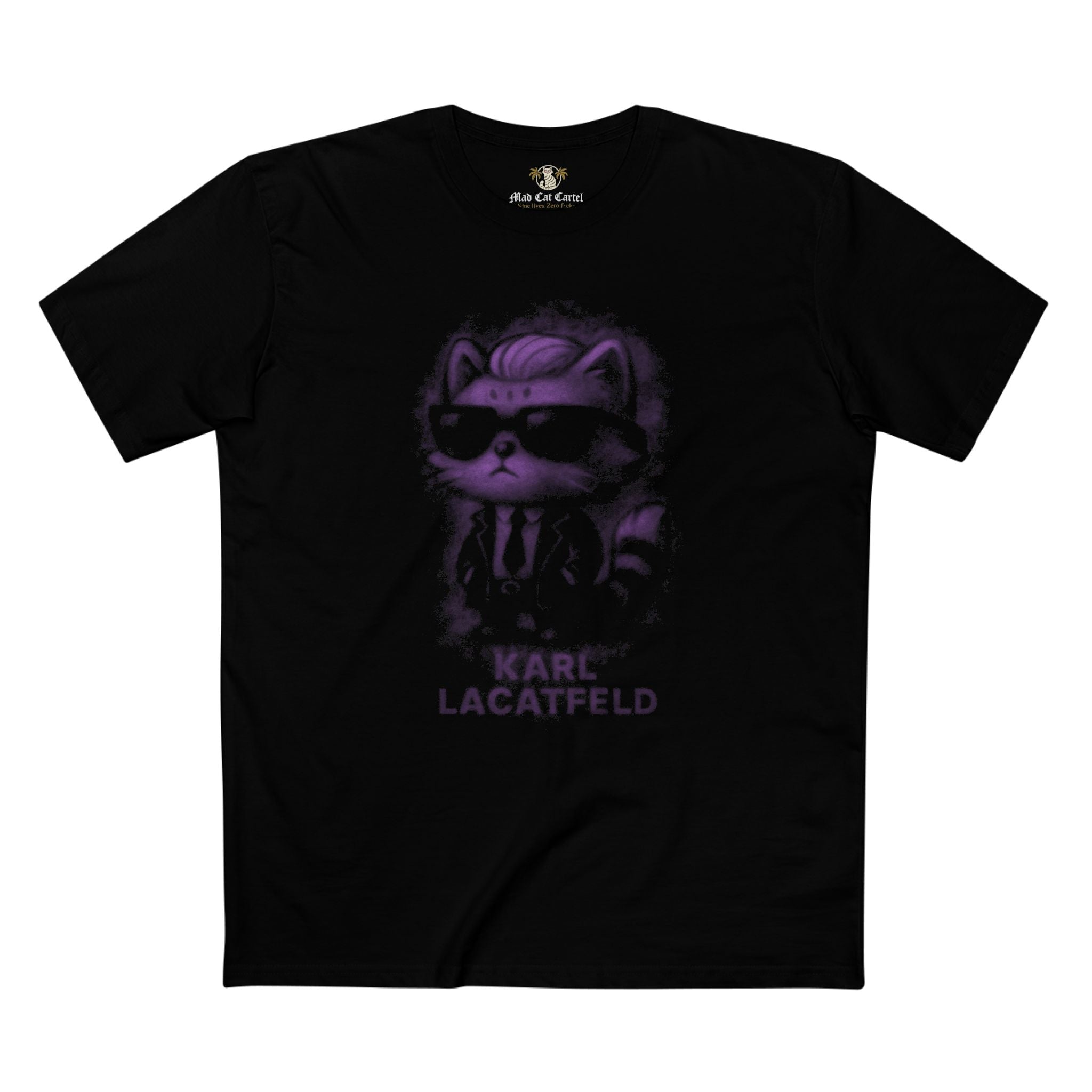 Karl Lacatfeld Purple Glow Cat Graphic Black T Shirt for cat lovers