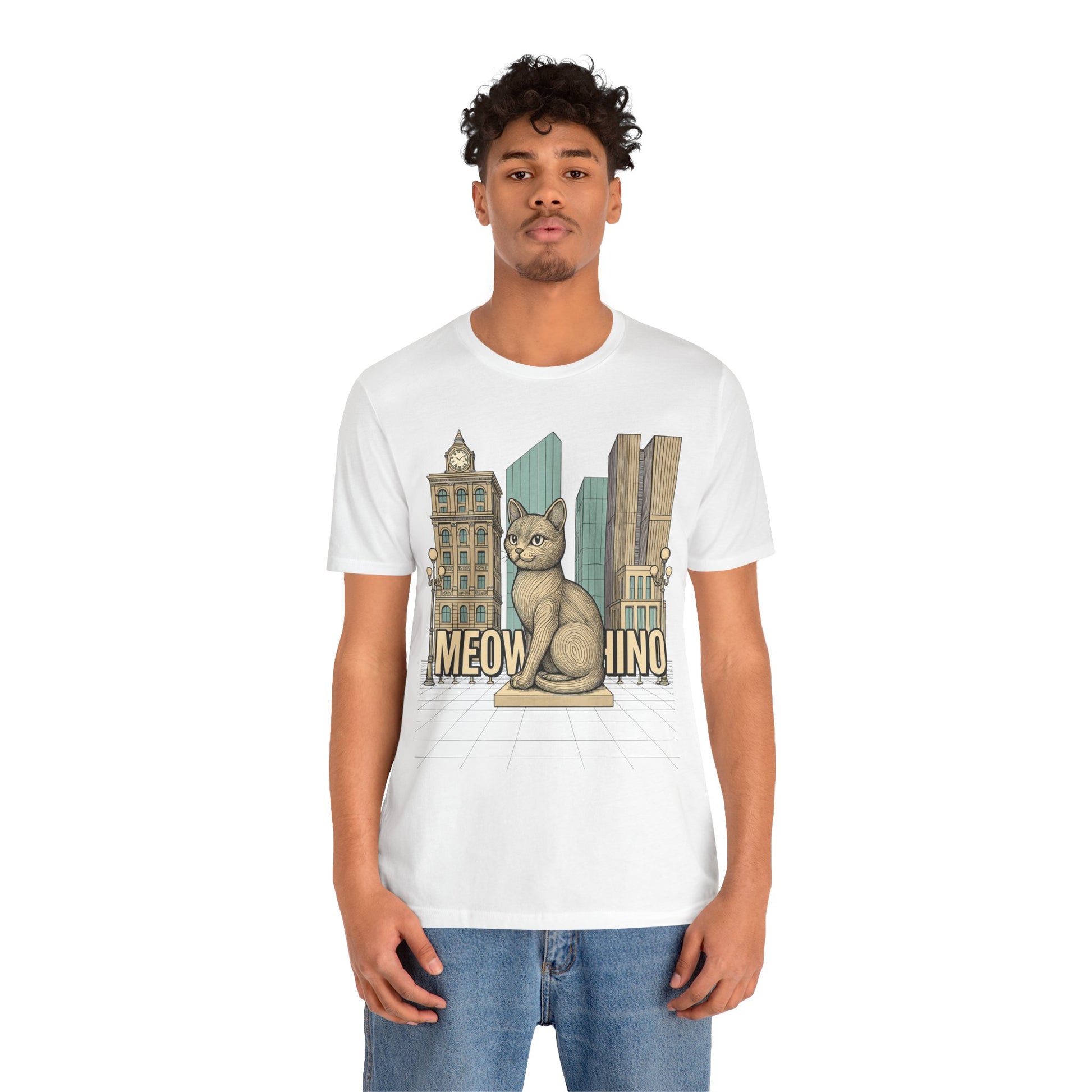 Tee shirts with cats – white unisex tee worn by male model, Meowschino city cat statue print