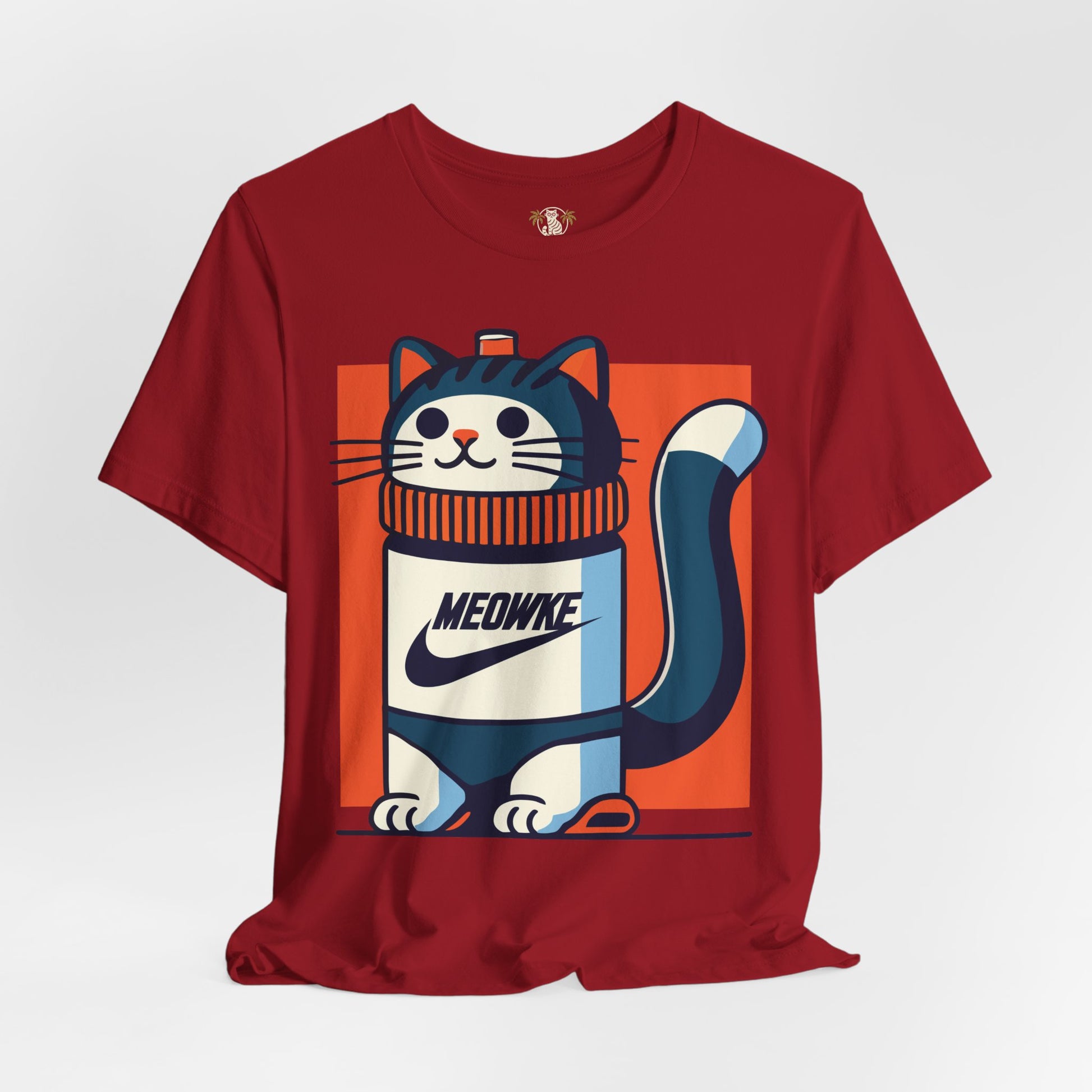 Things to get cat lovers – canvas red unisex tee, front view, Meowke Swoosh bottle cat print