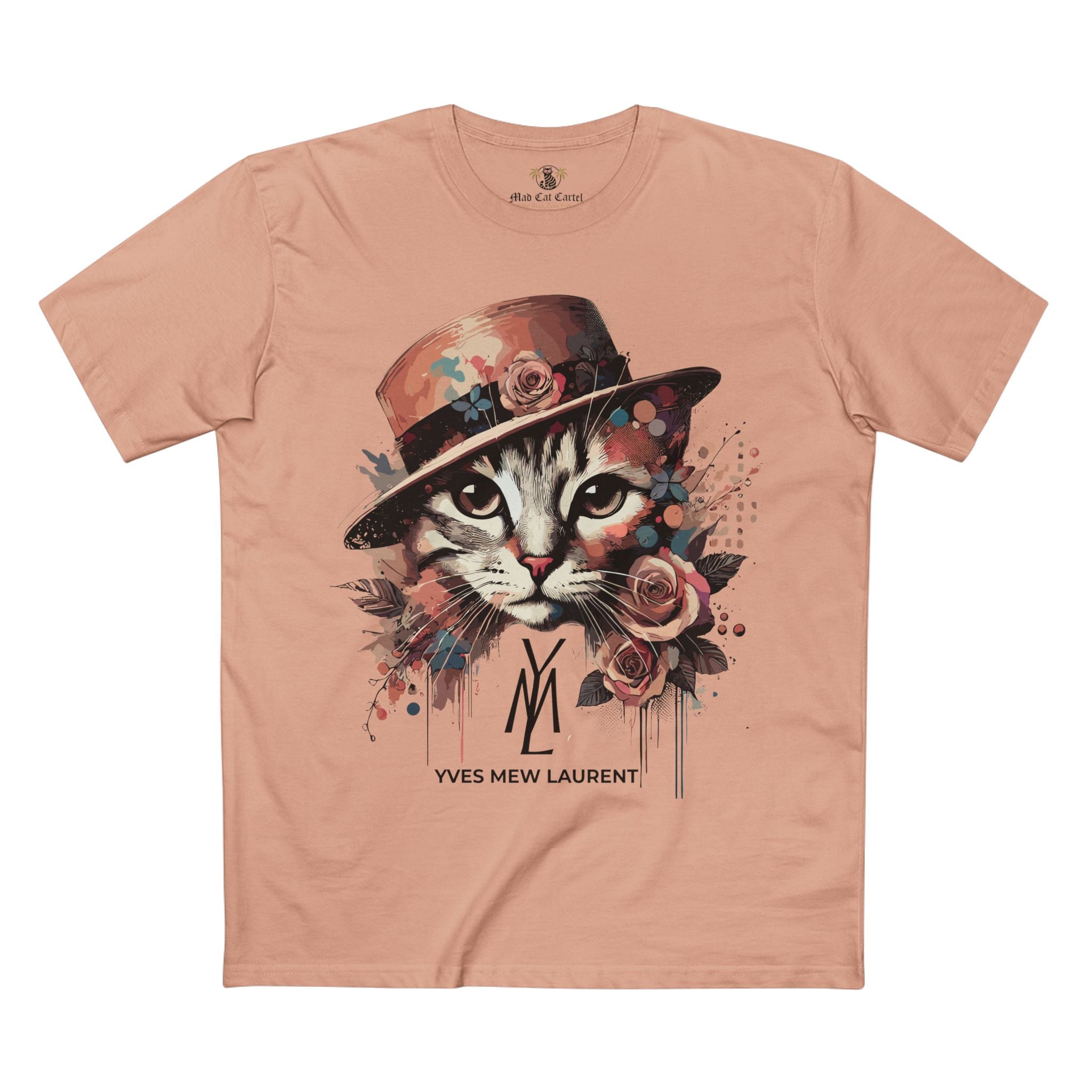 Yves Mew Laurent Watercolor Muse Cat Graphic T-Shirt Pale Pink flat lay front