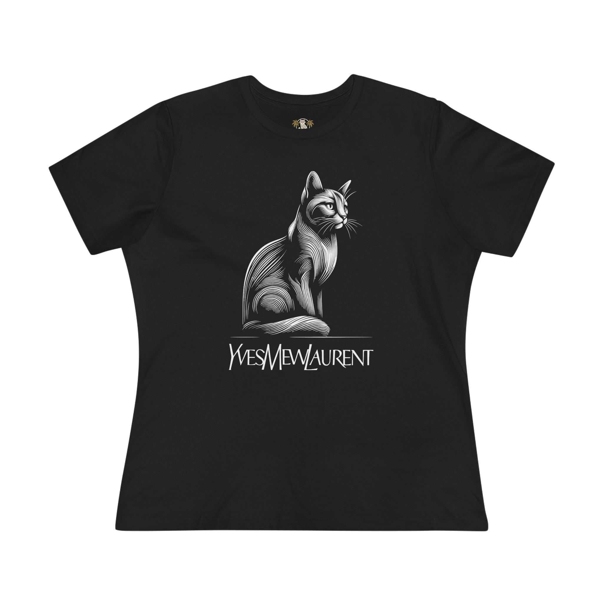 Yves Mew Laurent Elegant Line Art Cat Graphic Women's Black T-Shirt, cat tee shirts women's