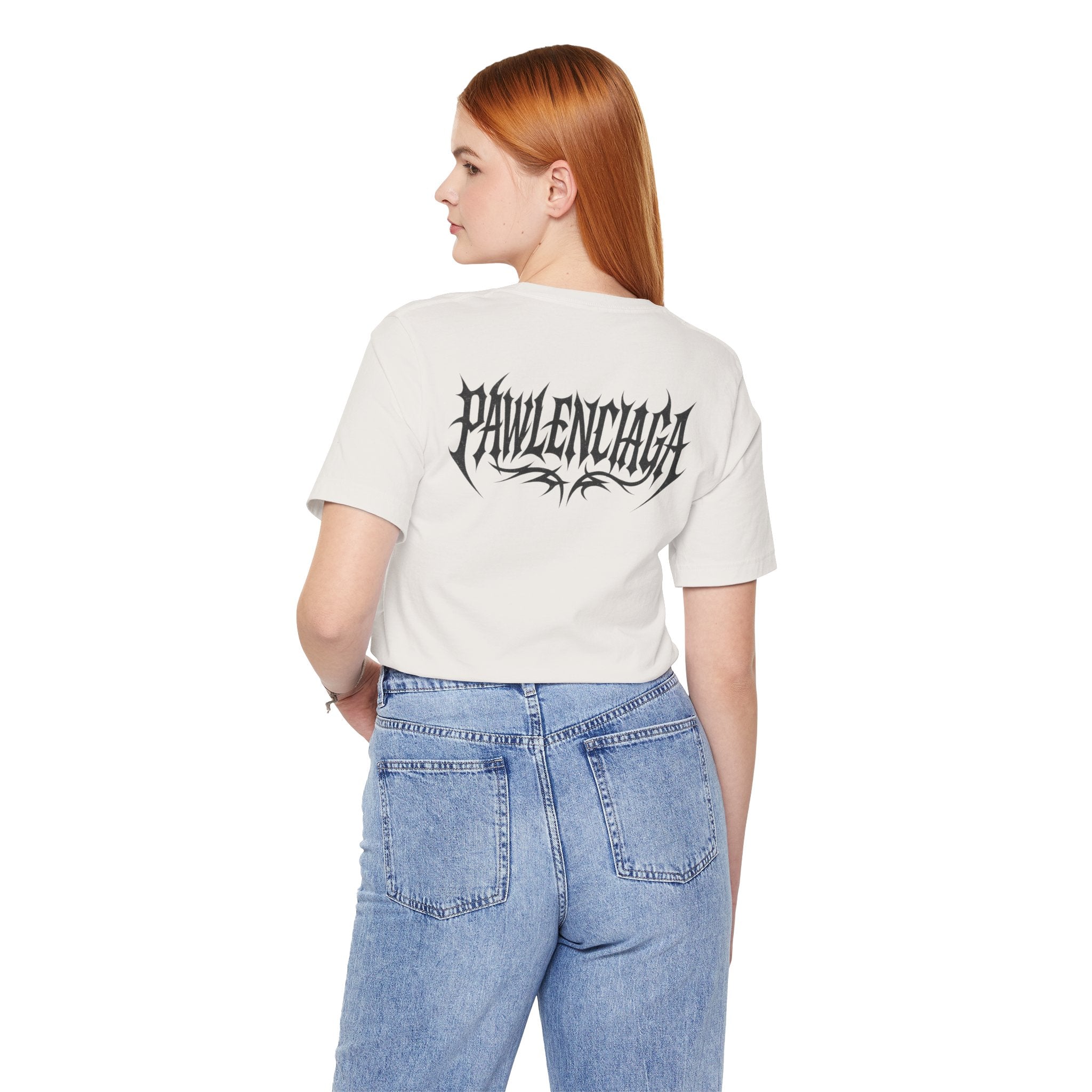 Female model wearing Pawlenciaga Apocalypse Cat Graphic T Shirt in Vintage White, back view, cat themed shirts, cool mens t shirts, shirts for cat lovers