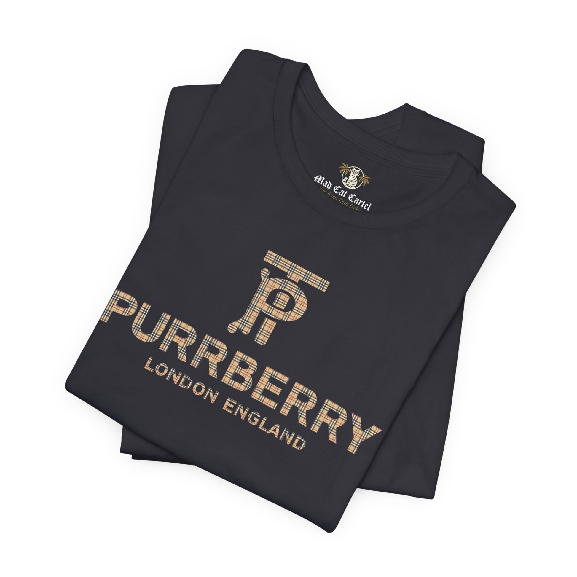 folded purrberry london coat club cat graphic t shirt black mens cat tee