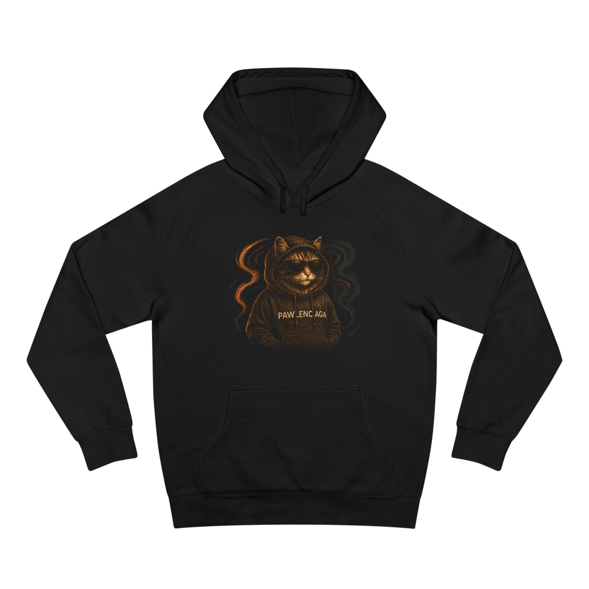 Pawlenciaga Street Smoke Cat Graphic Black Hoodie flat lay, cool black hoodie for cat lovers