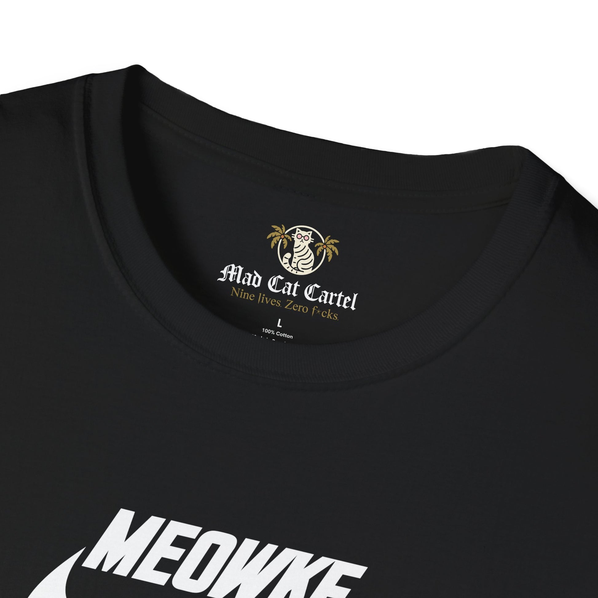 Cat t shirt for men and women – black unisex tee, close-up of white Meowke chest swoosh logo