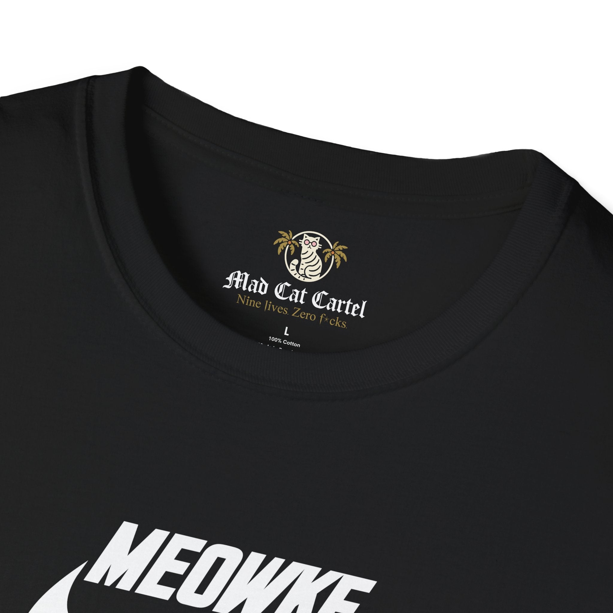 Cat t shirt for men and women – black unisex tee, close-up of white Meowke chest swoosh logo