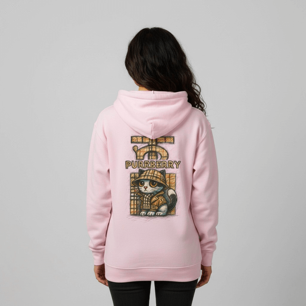 Woman modeling pale pink Purrberry hoodie, cat themed apparel, back view