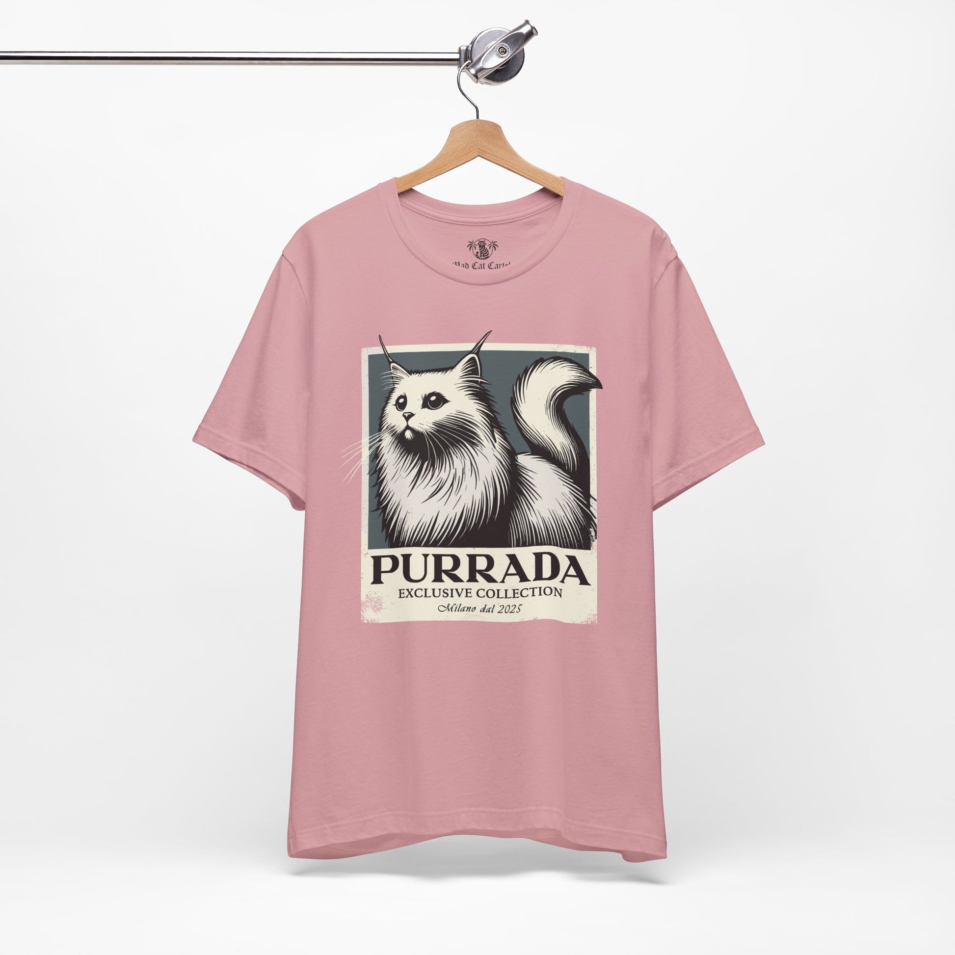 Orchid Purrada Exclusive Milano Cat Graphic T Shirt on hanger, womens cat tee shirts