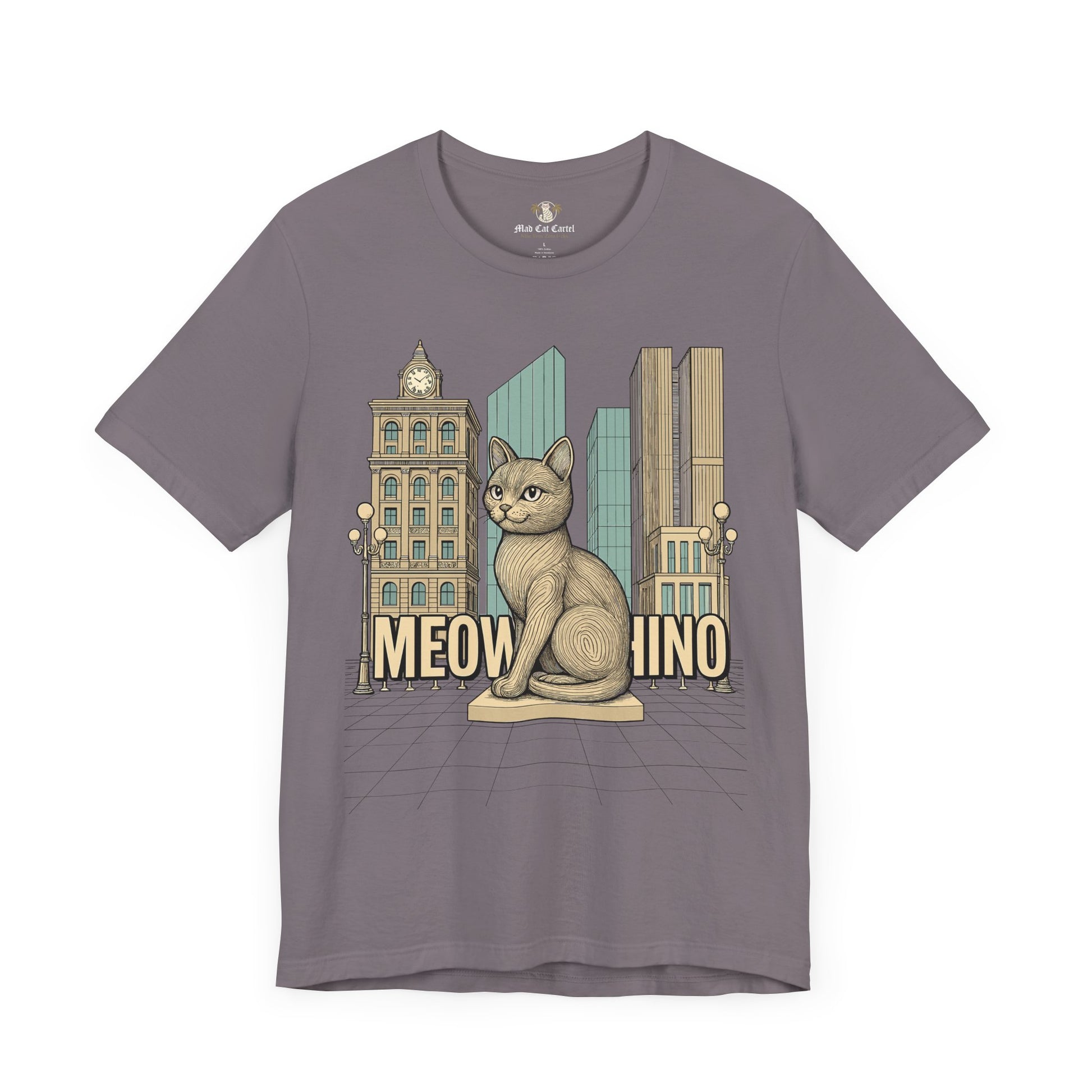 Tee shirts with cats – storm grey unisex tee, front view, Meowschino city cat statue print