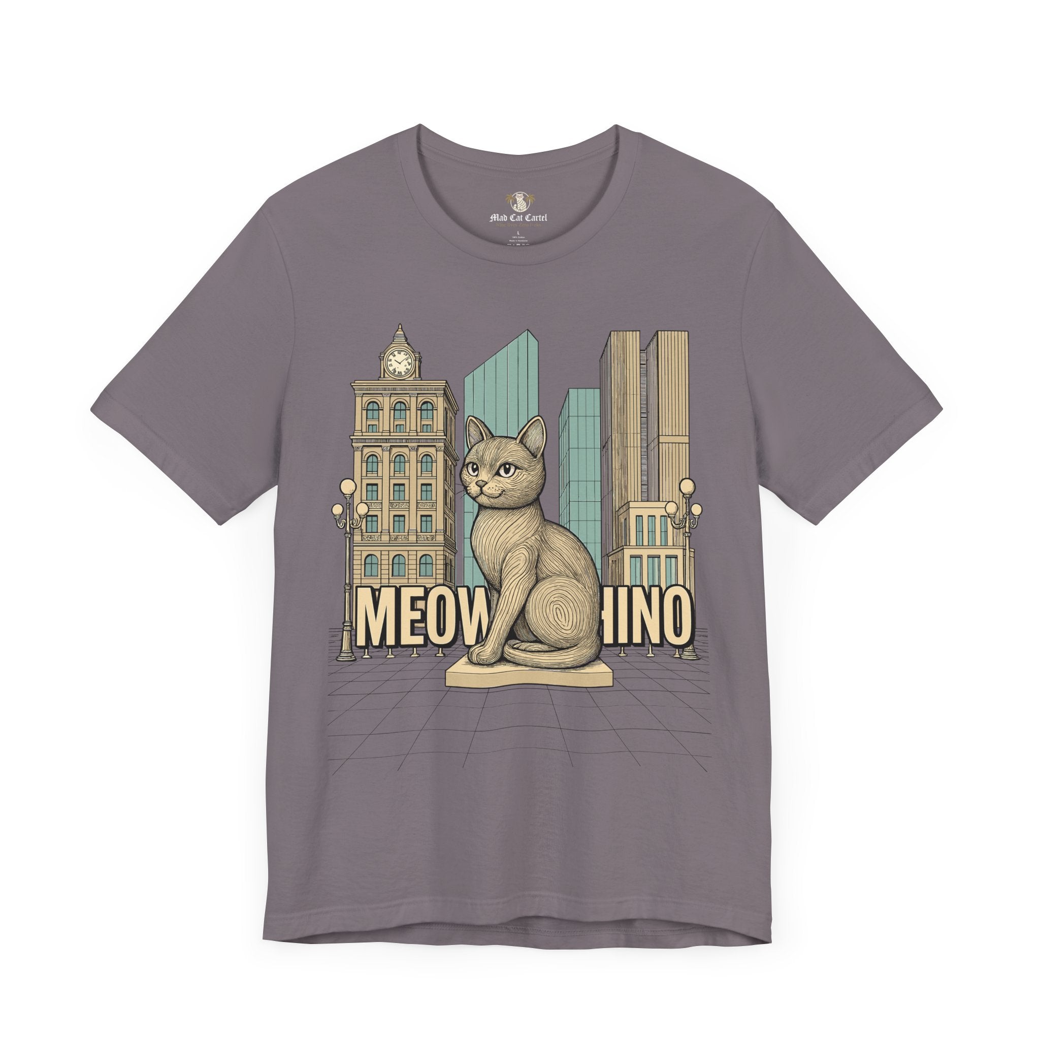 Tee shirts with cats – storm grey unisex tee, front view, Meowschino city cat statue print