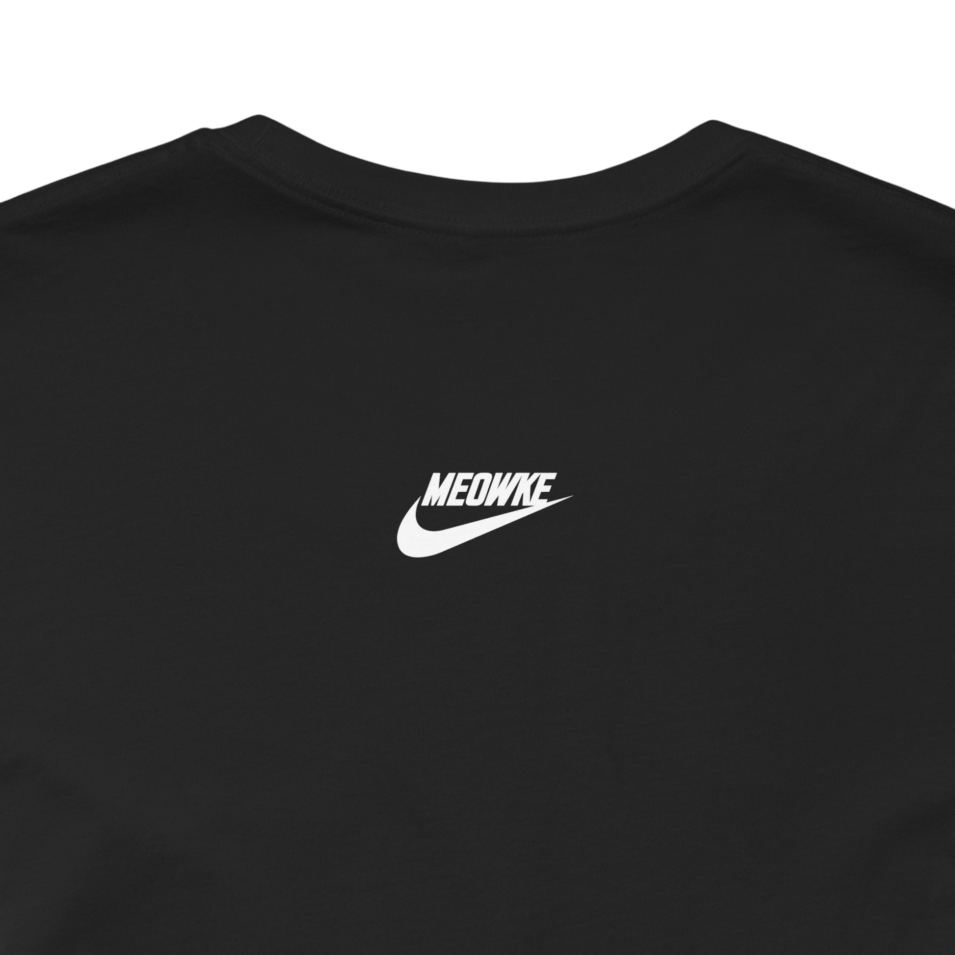 Funny cat shirts for men – black unisex tee, back detail view, Meowke Swoosh logo