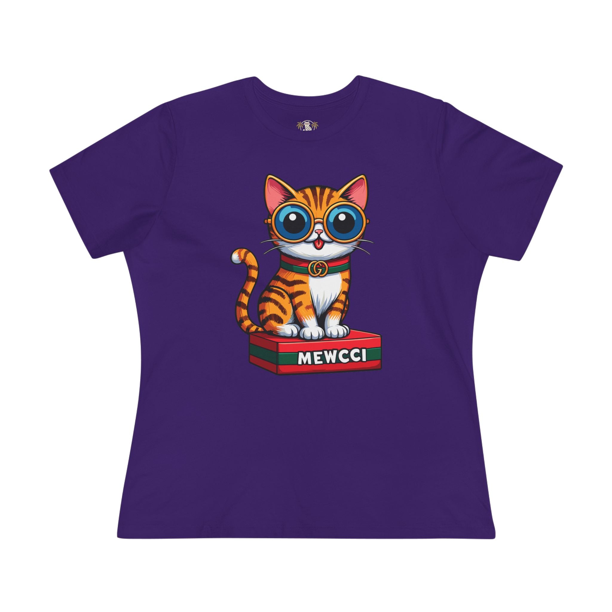 Mewcci Iconic Box Cat Graphic Women's T-Shirt, purple cat tee shirts womens front view