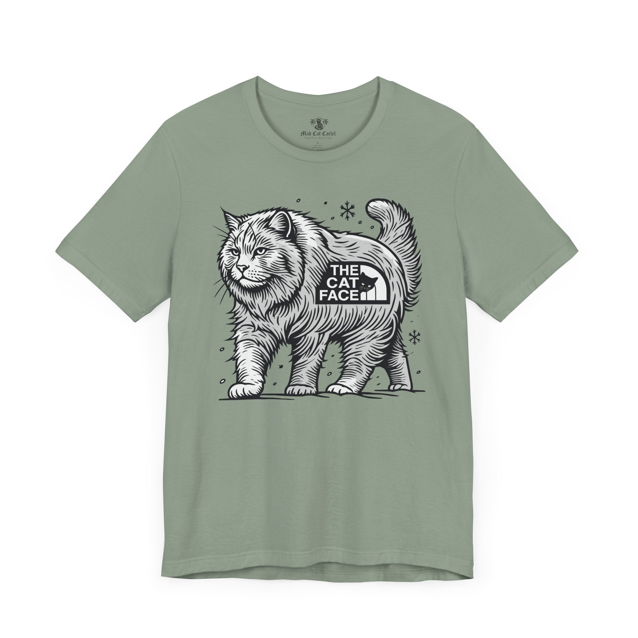 The Cat Face Alpine Explorer Cat Graphic T-Shirt in sage green – cat t shirts for guys, unisex design