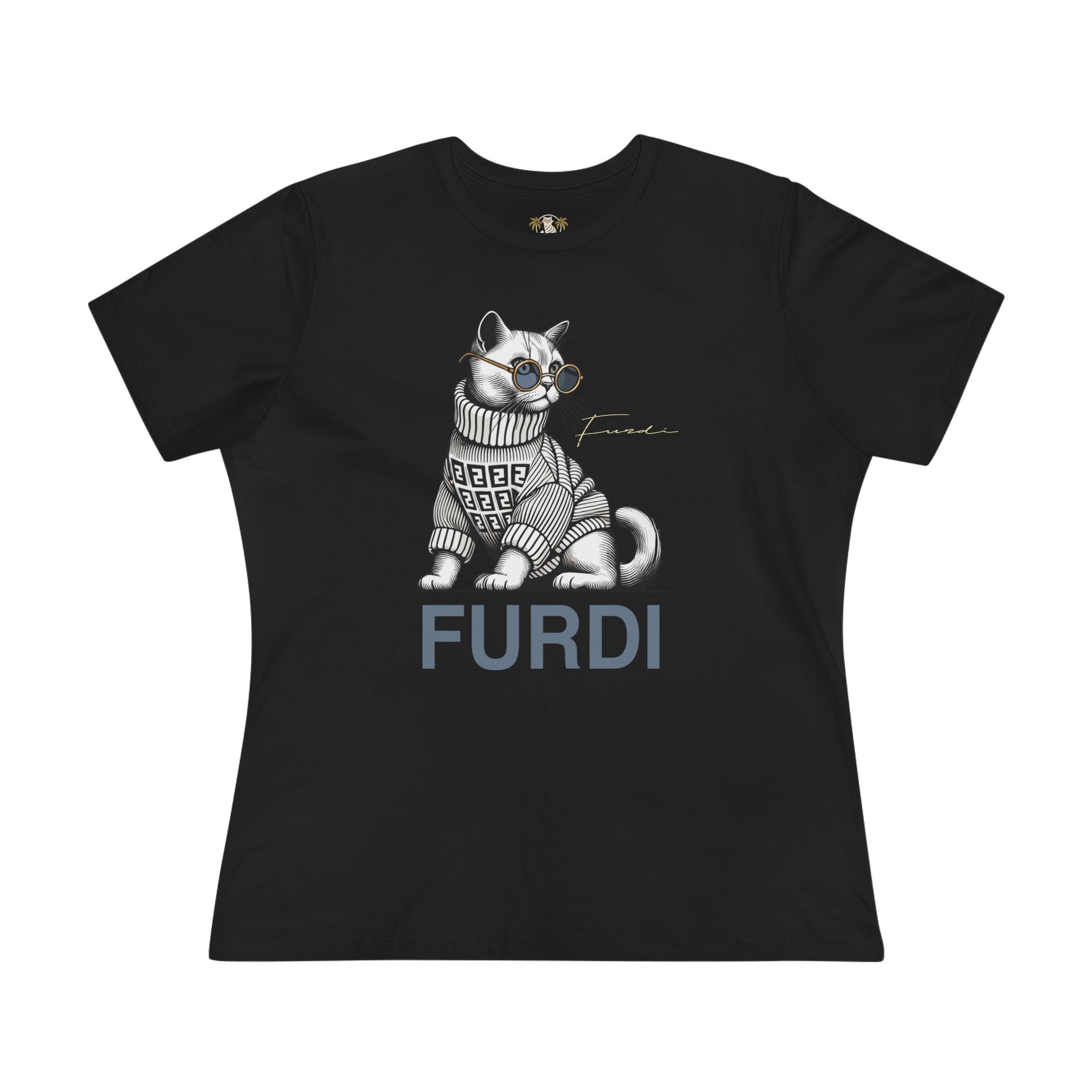 Furdi Turtleneck Cat Women’s Black Graphic T Shirt front view flat lay