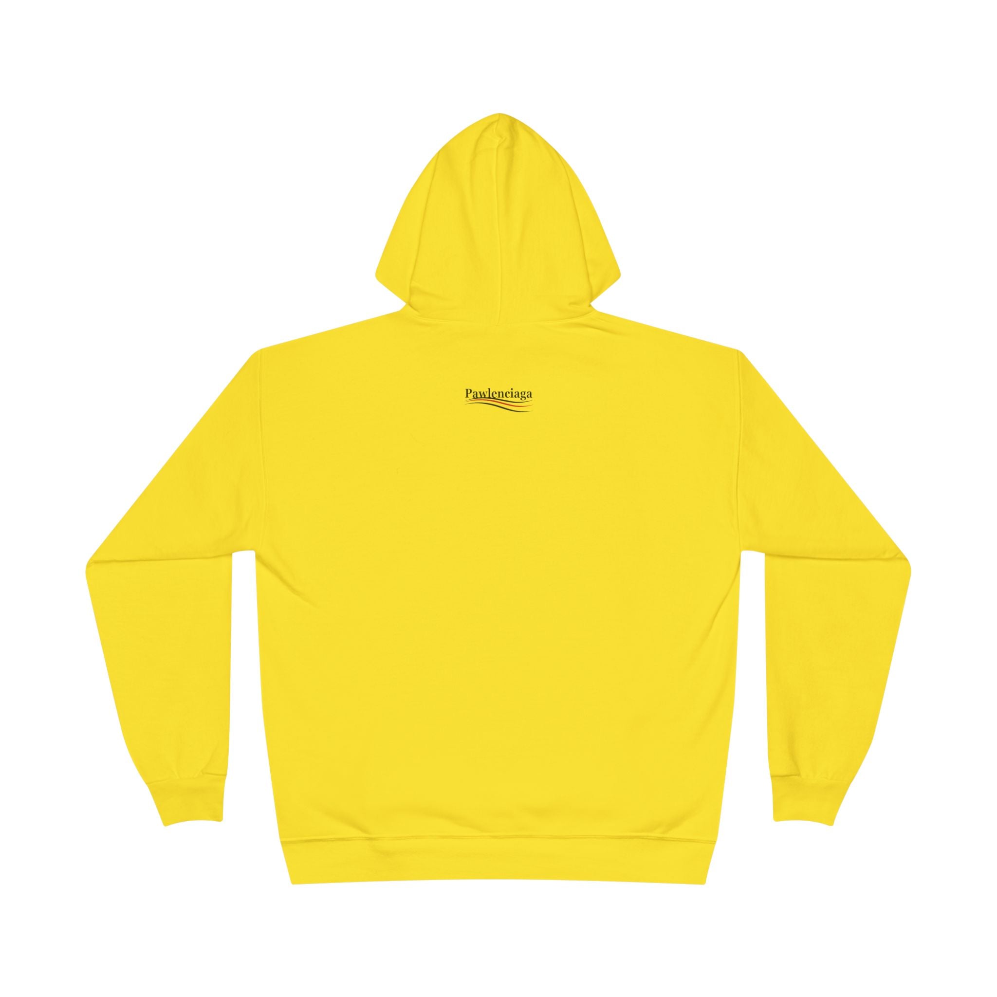 Back view of Pawlenciaga Chest Logo Athletic Yellow Hoodie, cat lover hoodie
