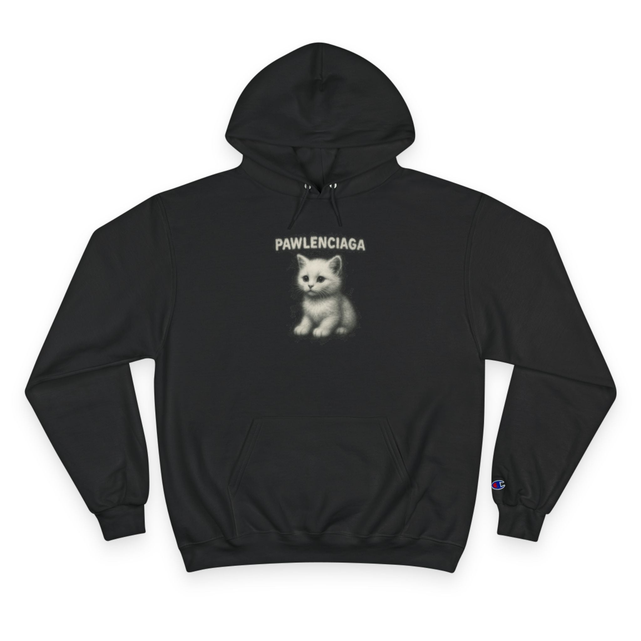 Pawlenciaga x Champion White Aura Kitty Graphic Black Hoodie flat lay, funny gifts for cat lovers