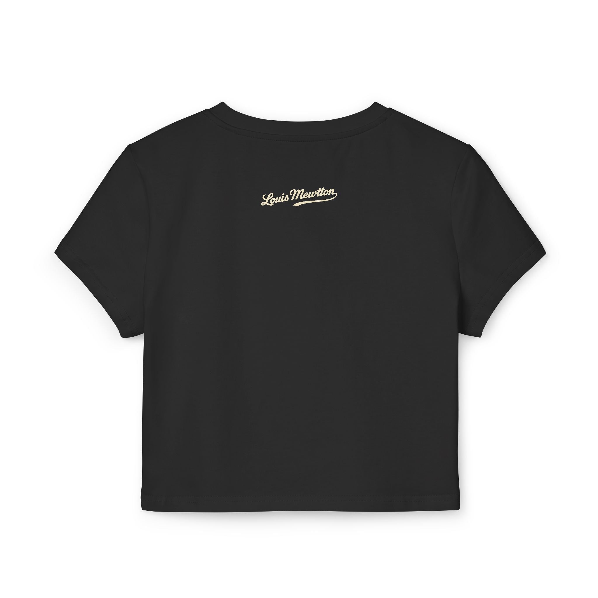 Black womens baby tee flat back with Louis Mewtton script logo