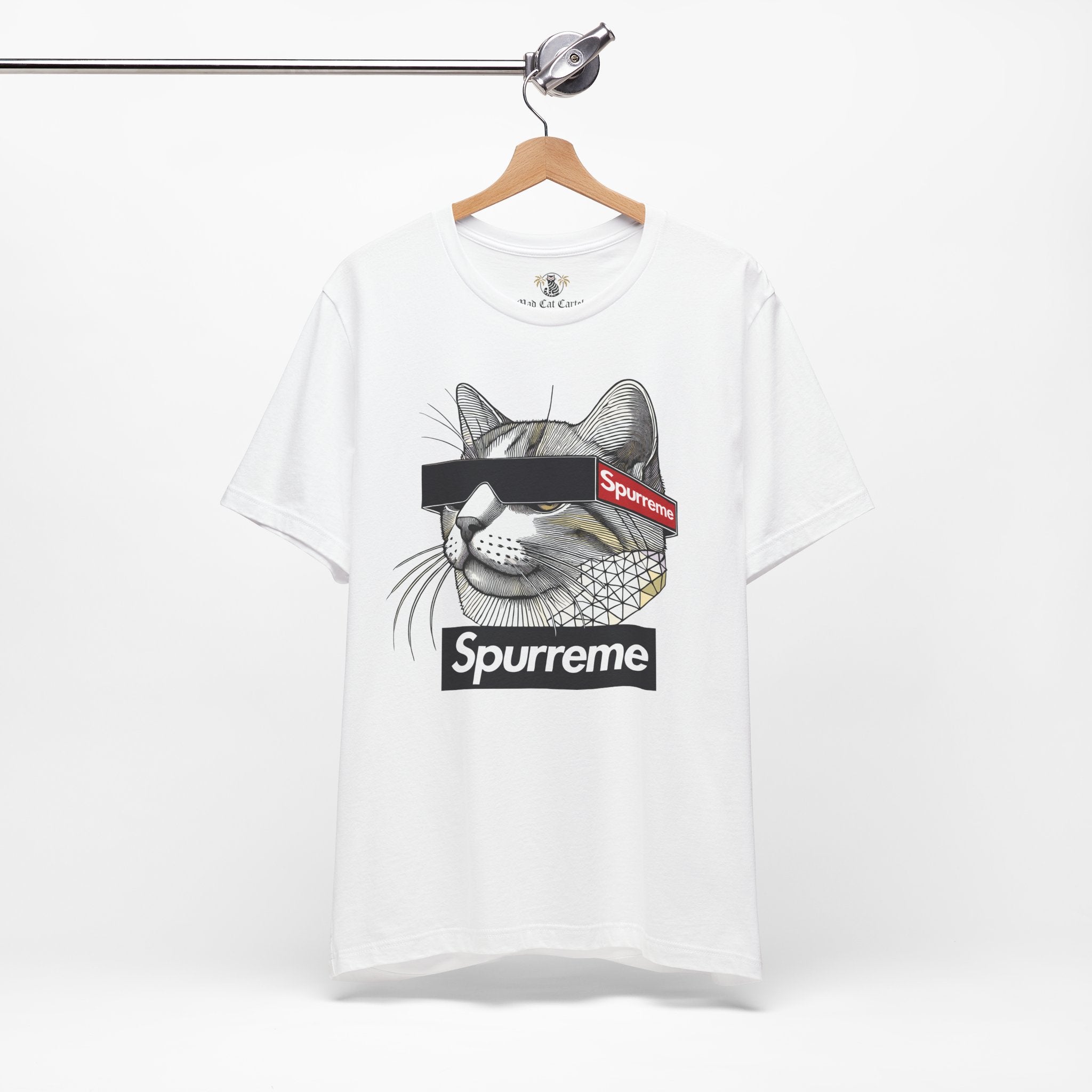 White Spurreme Triangular Vision Cat Graphic T-Shirt hanging back view – clothes with cats on them