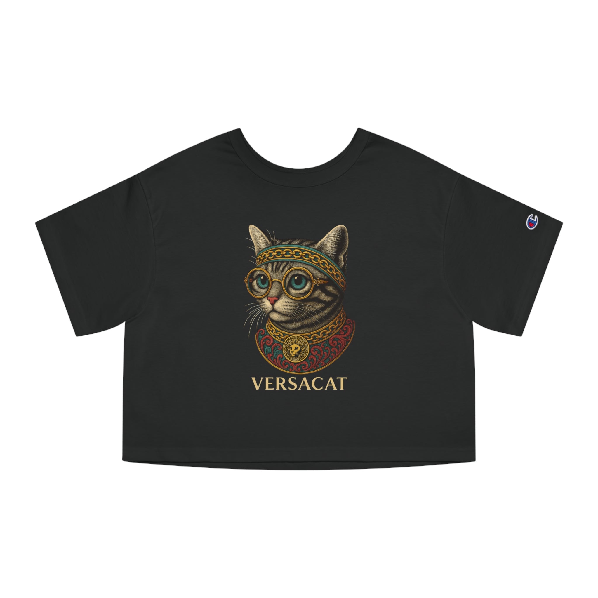 Versacat x Champion Heritage Cat Graphic Women’s Black Crop Top, black crop top
