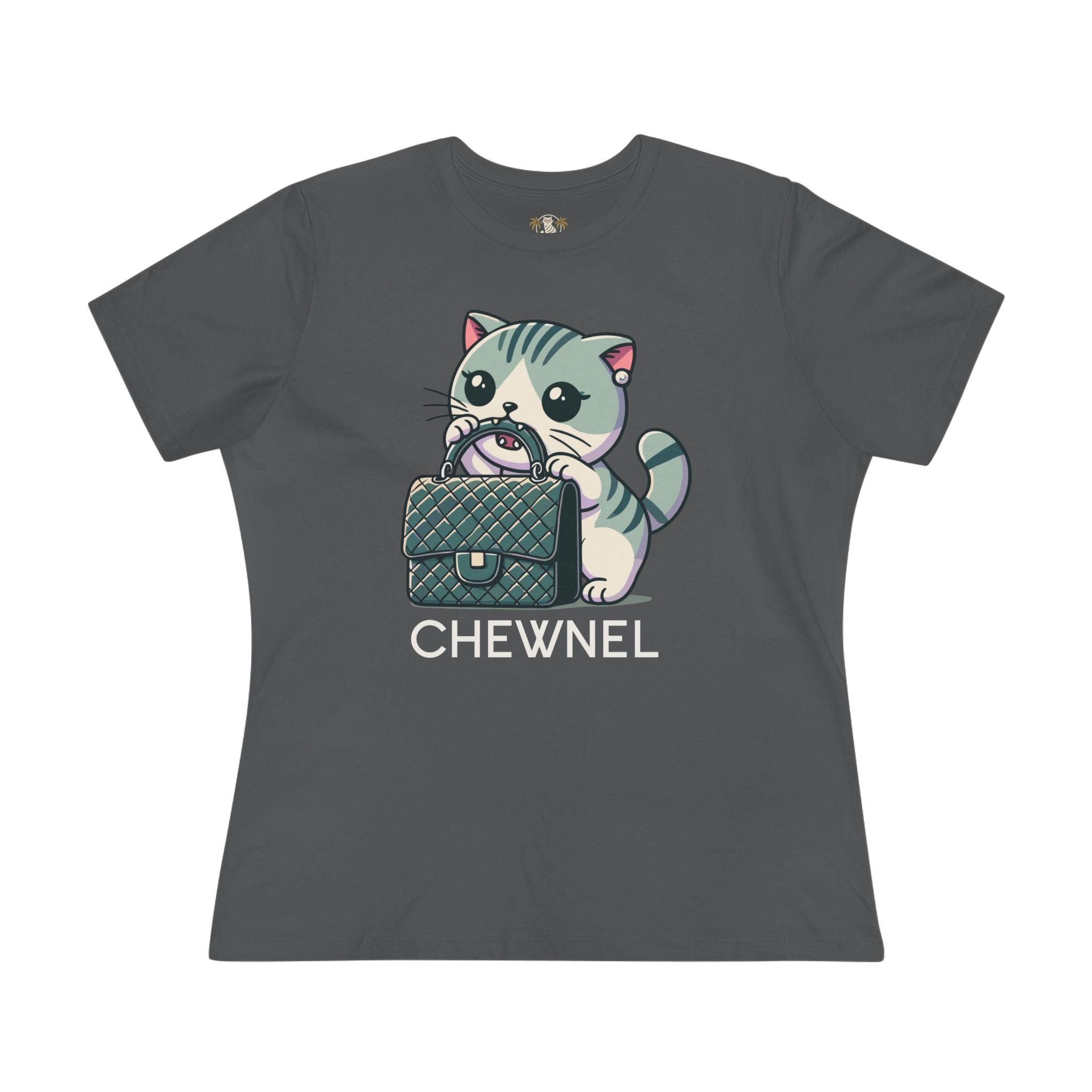 Chewnel Purse Snatcher Cat Graphic Women’s T-Shirt in asphalt, front view cat shirts for women.
