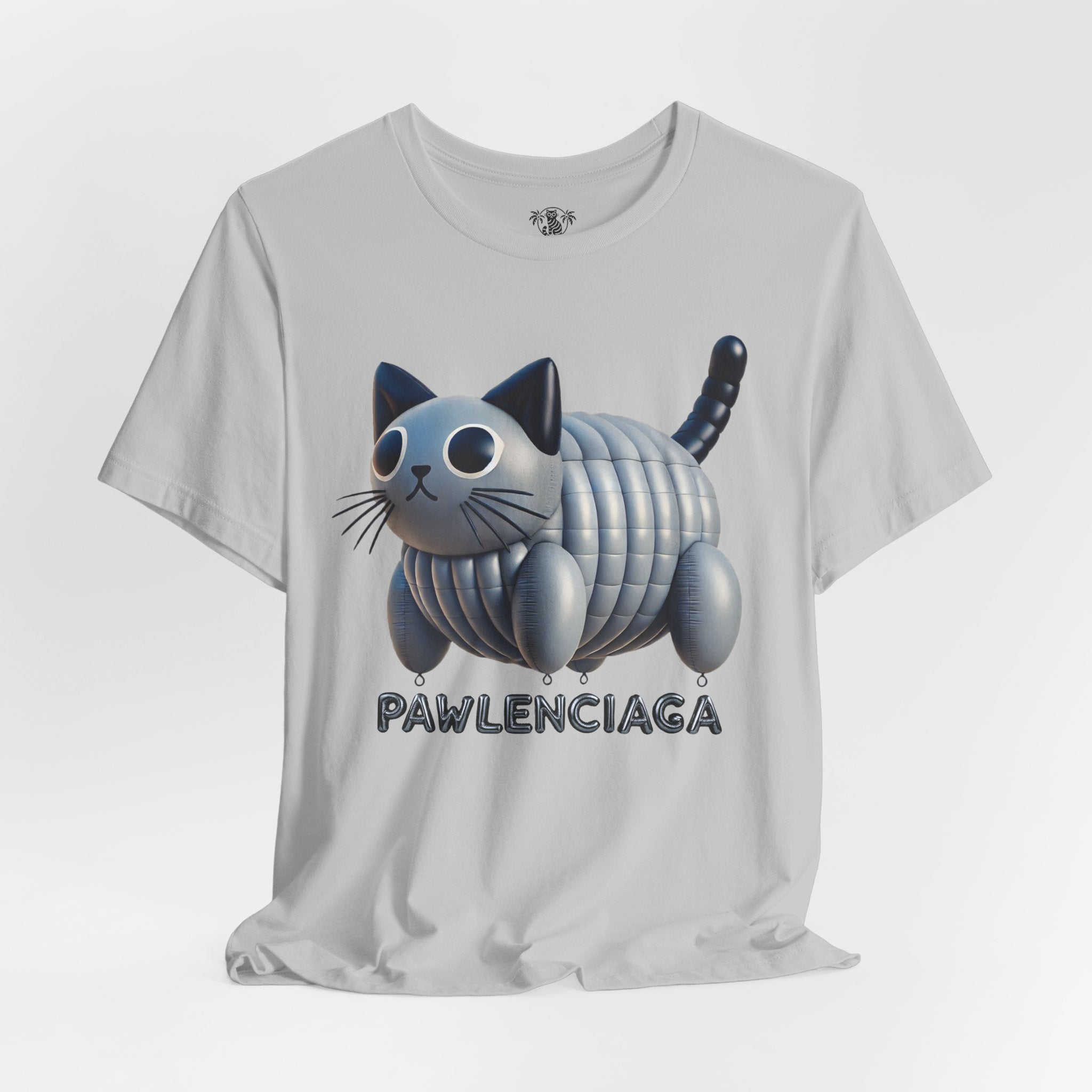 Gray Pawlenciaga Cat Balloon Graphic T Shirt wrinkled fit cat on a shirt