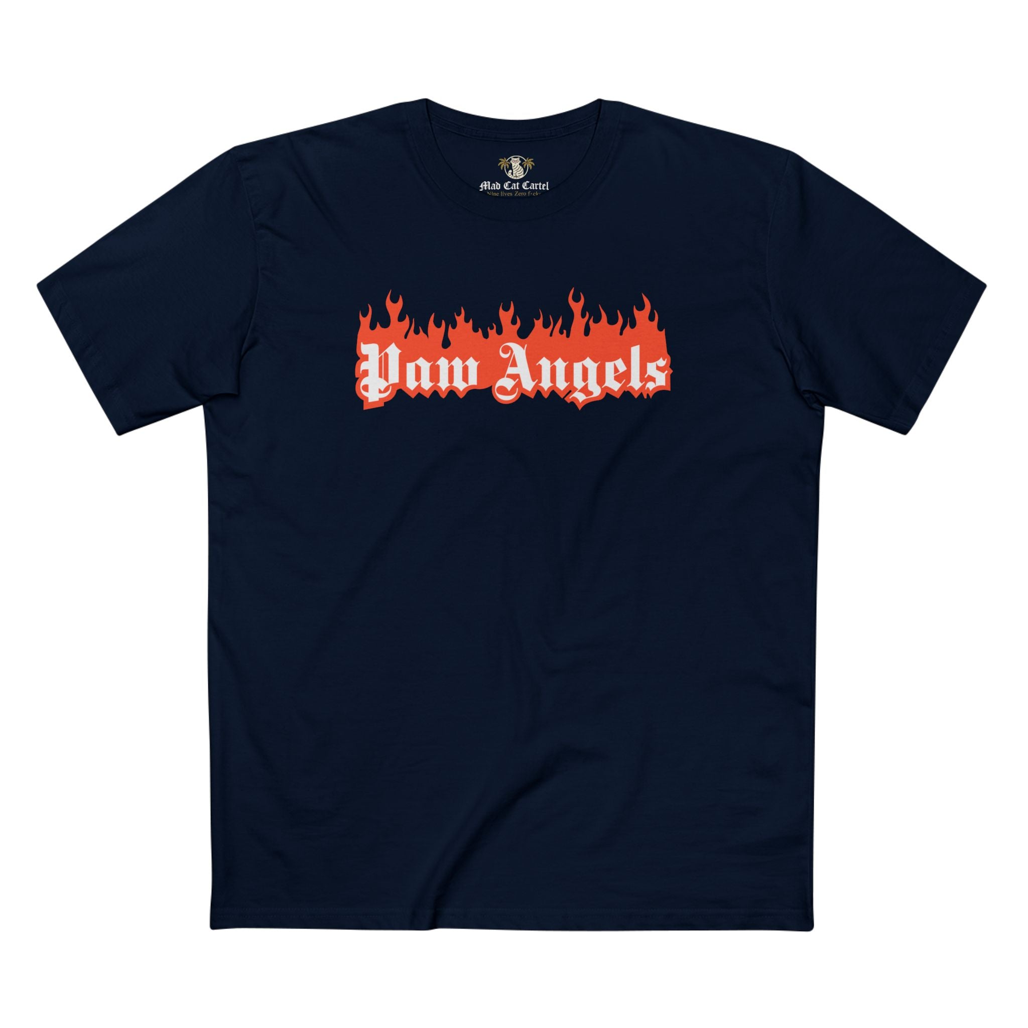 Front view of Paw Angels Paradise Inferno cat graphic navy unisex t shirt – cat t shirts