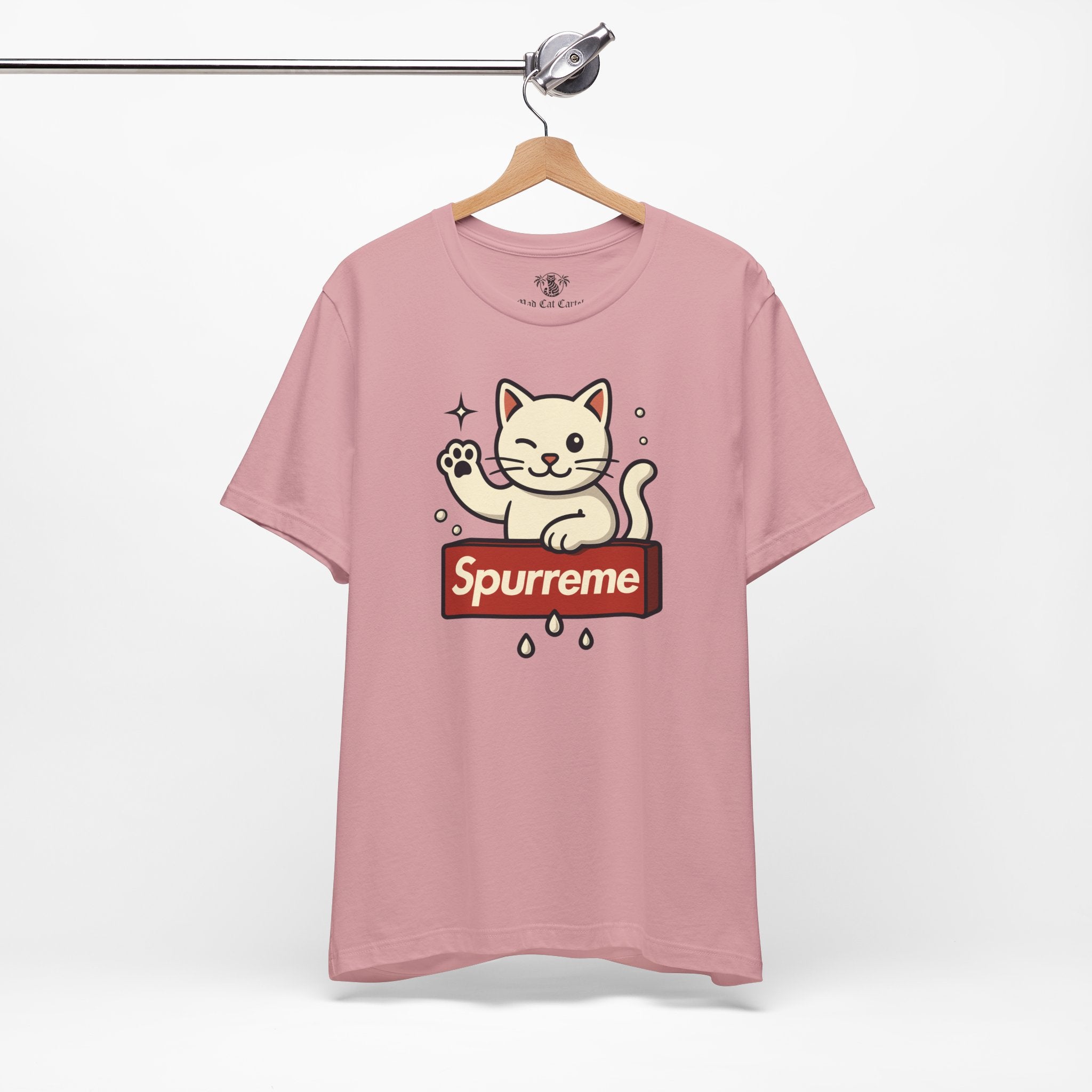 Orchid t shirt hanging front Spurreme Lucky Cat Box Logo Graphic cat themed clothing