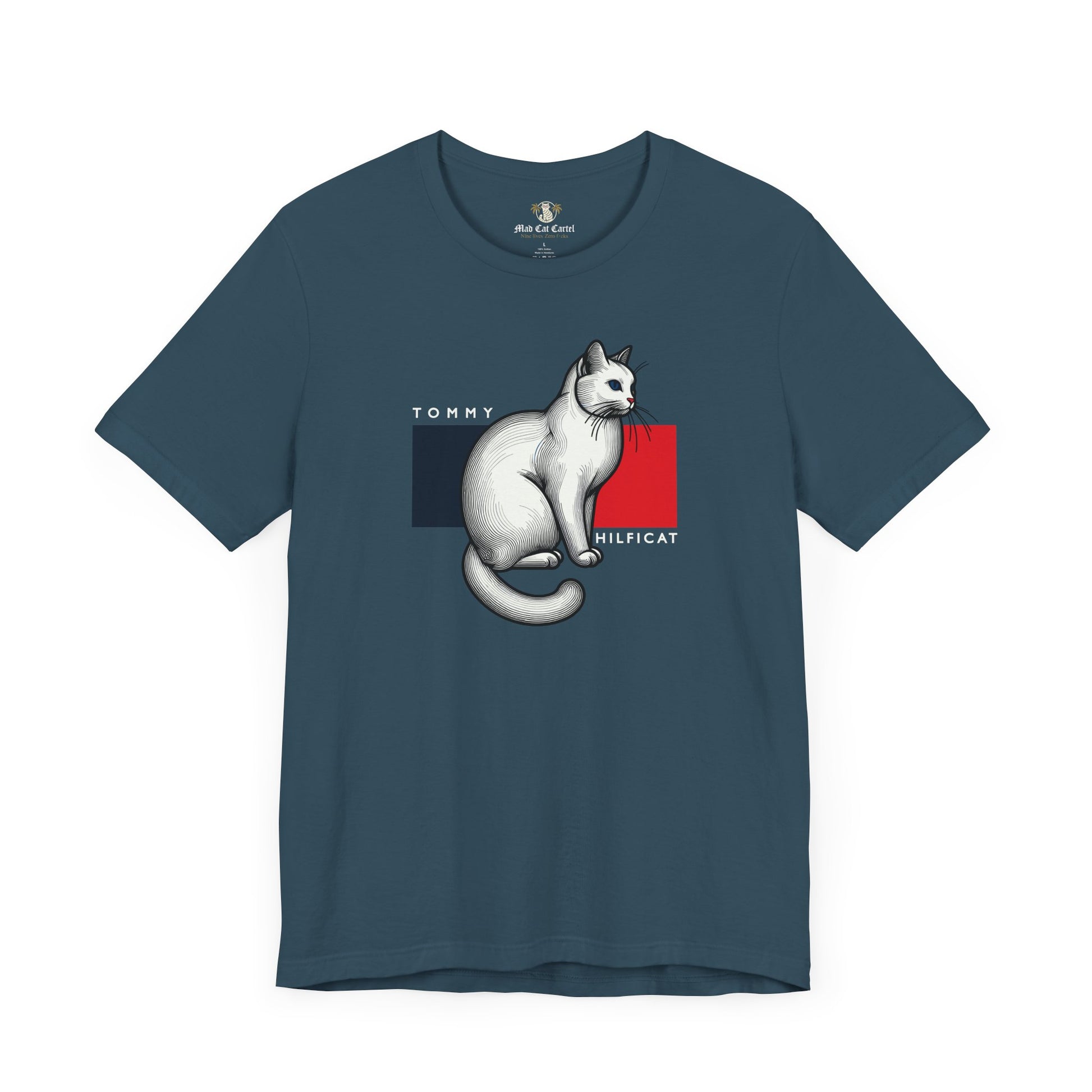 Deep Teal Tommy Hilficat Classic Flag Cat Graphic T-Shirt – cat tee shirts flat lay