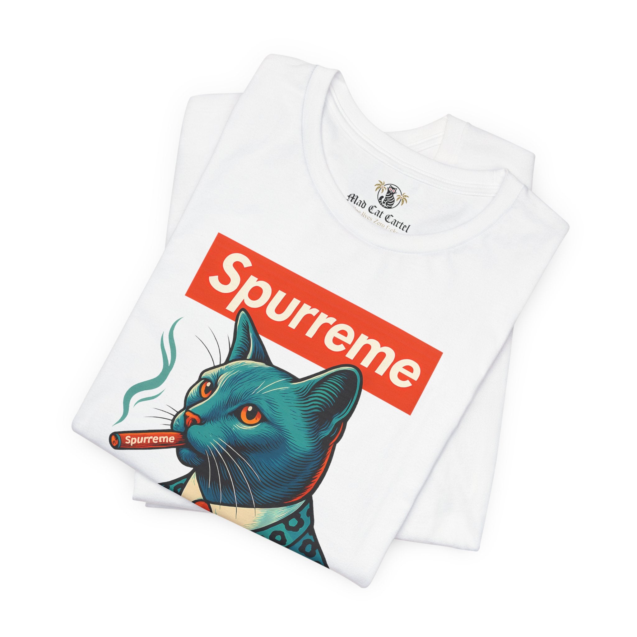 White Spurreme Ambassador Cat Graphic t shirt folded stack