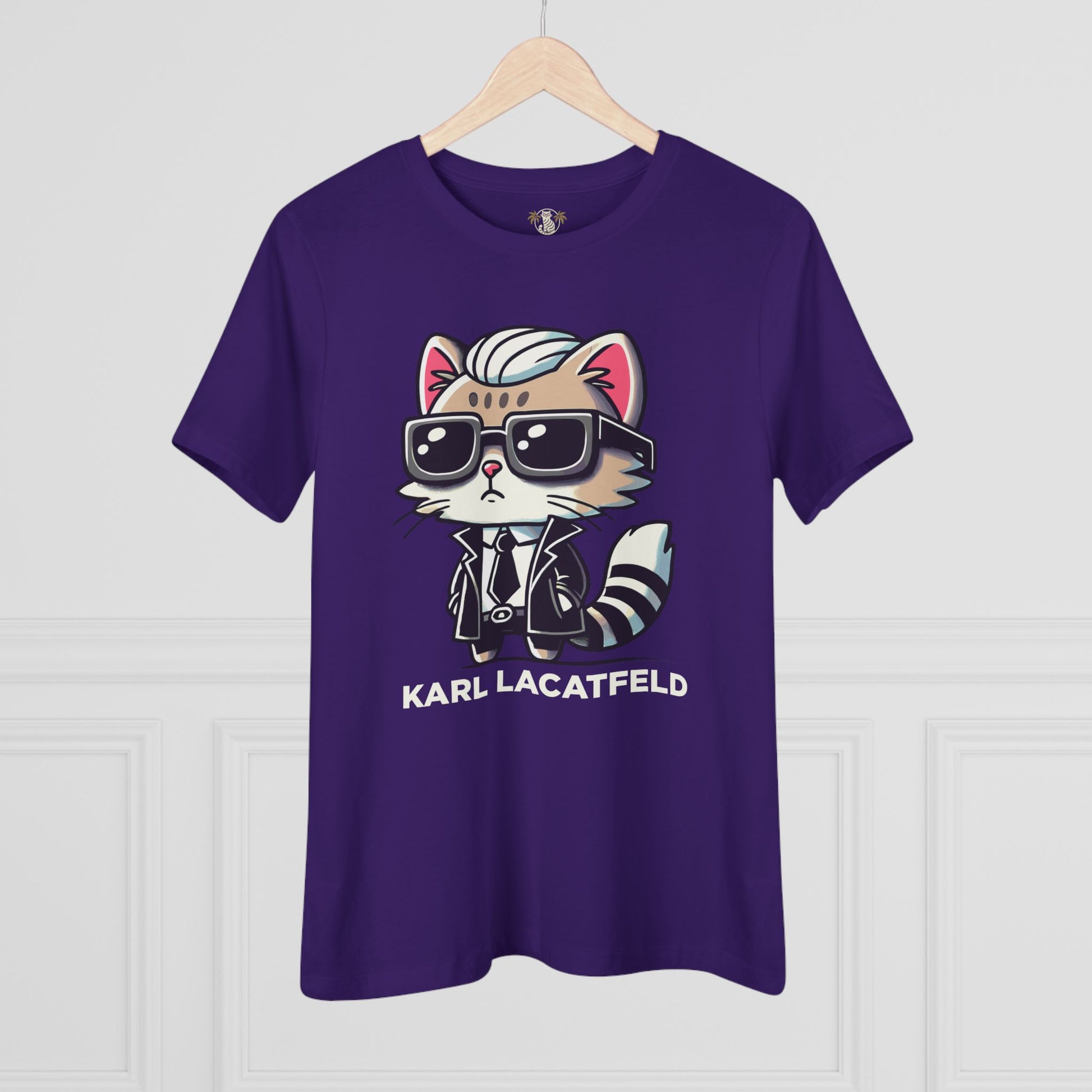 Hanging Karl Lacatfeld Iconic Cat Women’s Purple T Shirt front view